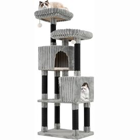 COSTWAY Gran &Aacute;rbol para Gatos de Varios Niveles, Torre Rascador Gatos de 156 cm con 2 Condos, 2 Camas Perchero, Postes para Rascar, Bolas Colgantes con Cascabeles, Revestimiento Suave de Franela, Gris
