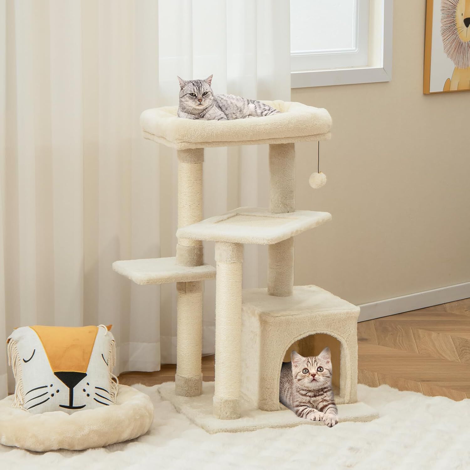 COSTWAY Árbol para Gatos de 4 Niveles, Torre para Gatos con Postes para Rascar, Plataforma Superior de Felpa, Condominio para Gatos, Área de Juegos para Gatitos, árbol de Actividad Interior (Beige) thumbnail
