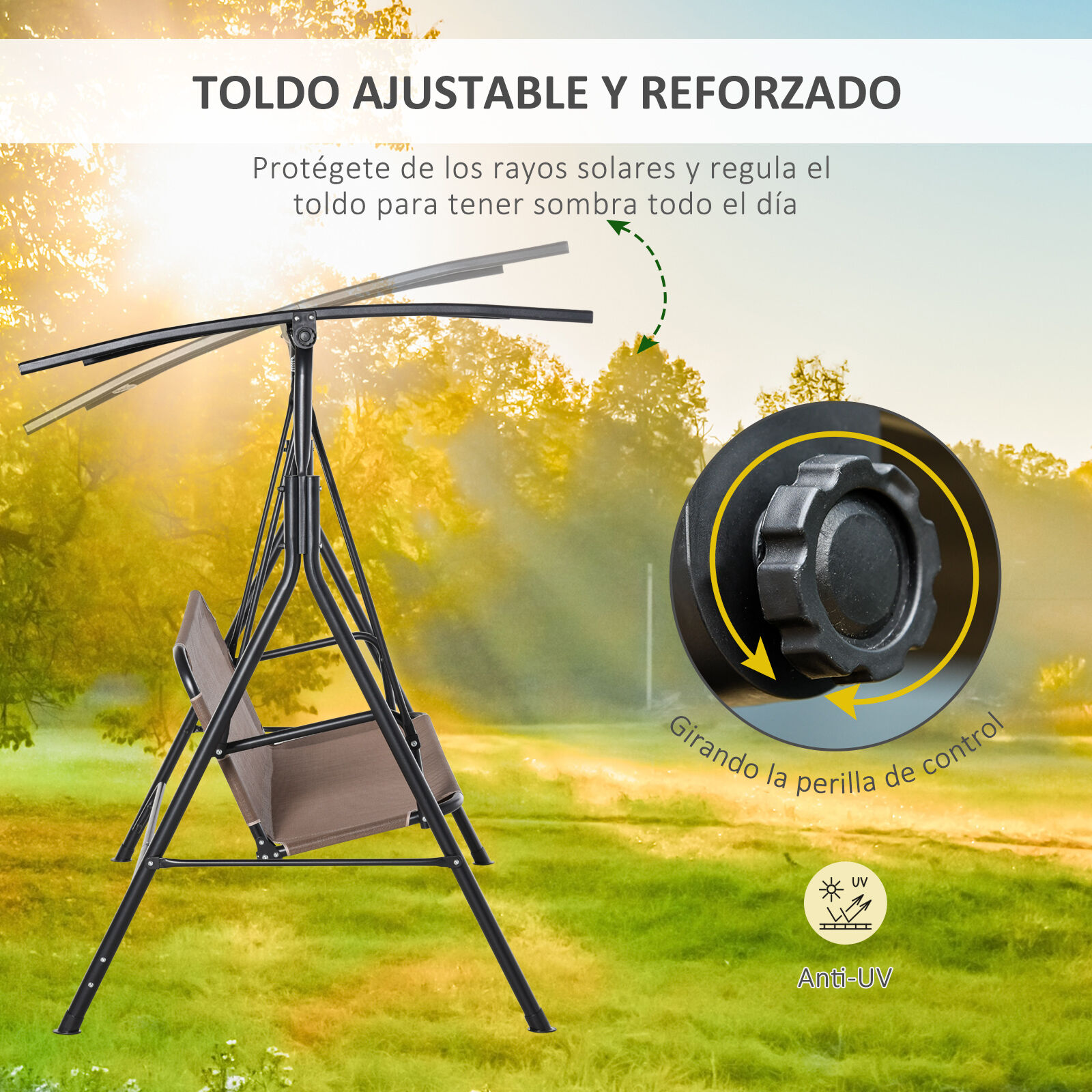 Outsunny Columpio de Jard&iacute;n de Exterior de 2 Plazas Silla Balanc&iacute;n con Parasol Techo Ajustable en &Aacute;ngulo Terraza Balc&oacute;n Exterior Carga 200 kg 172x110x155 cm Marr&oacute;n, , large Imagen numero 4