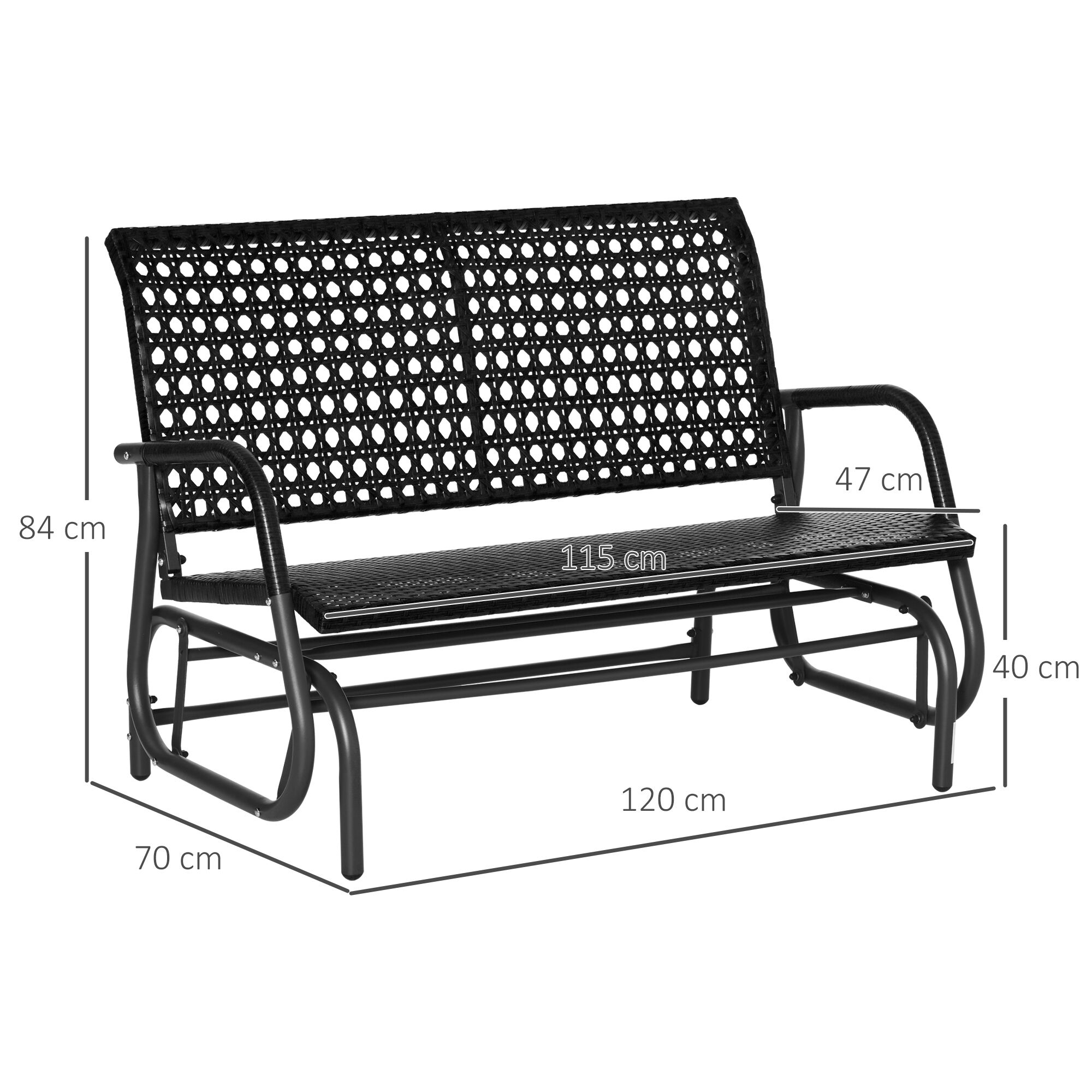 Outsunny Mecedora de Rat&aacute;n de 2 Plazas Banco Balanc&iacute;n de Jard&iacute;n con Balanceo Ergon&oacute;mico y Marco de Metal para Terraza Balc&oacute;n Exterior Patio Hotel Carga 220 kg 120x70x84 cm Negro, , large Imagen numero 3