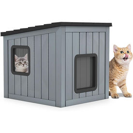 COSTWAY Casa para Gatos Exterior, Resistente a la Intemperie, 62,5x54x56,5 cm, Caseta Gato Exterior con 2 PVC Puertas de Rejilla y Techo Inclinado, Refugio para Mascotas, Cachorros, Conejos, Gris