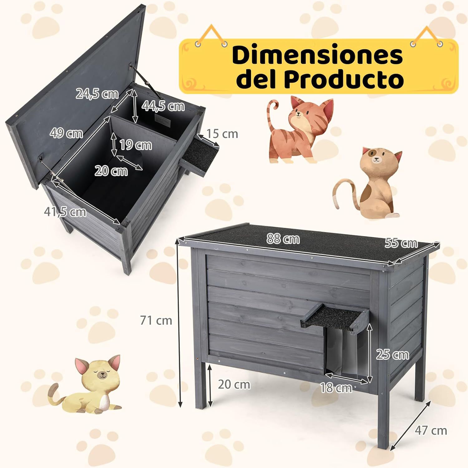 COSTWAY Casa para Gatos Aislada Exterior, Casa para Gatos de Madera con 2 Habitaciones, Divisor Removible, Techo Abatible, Puerta PVC, Recinto Elevado, Ideal para Invierno y Gatos Salvajes (Gris) thumbnail