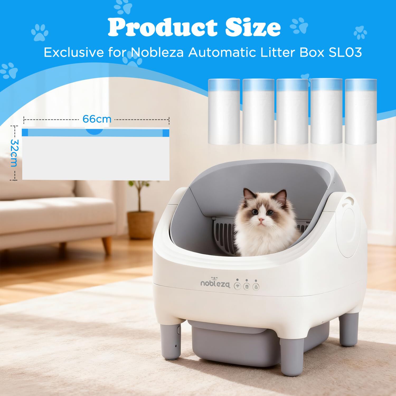 Nobleza Arenero Autolimpiable SL03 para Gatos - Caja de Arena Autom&aacute;tica con Control por App, Dise&ntilde;o Abierto, Gran Capacidad, Incluye 7 Rollos de Bolsas y 2.5kg Arena de Tofu Natural, , large Imagen numero 4
