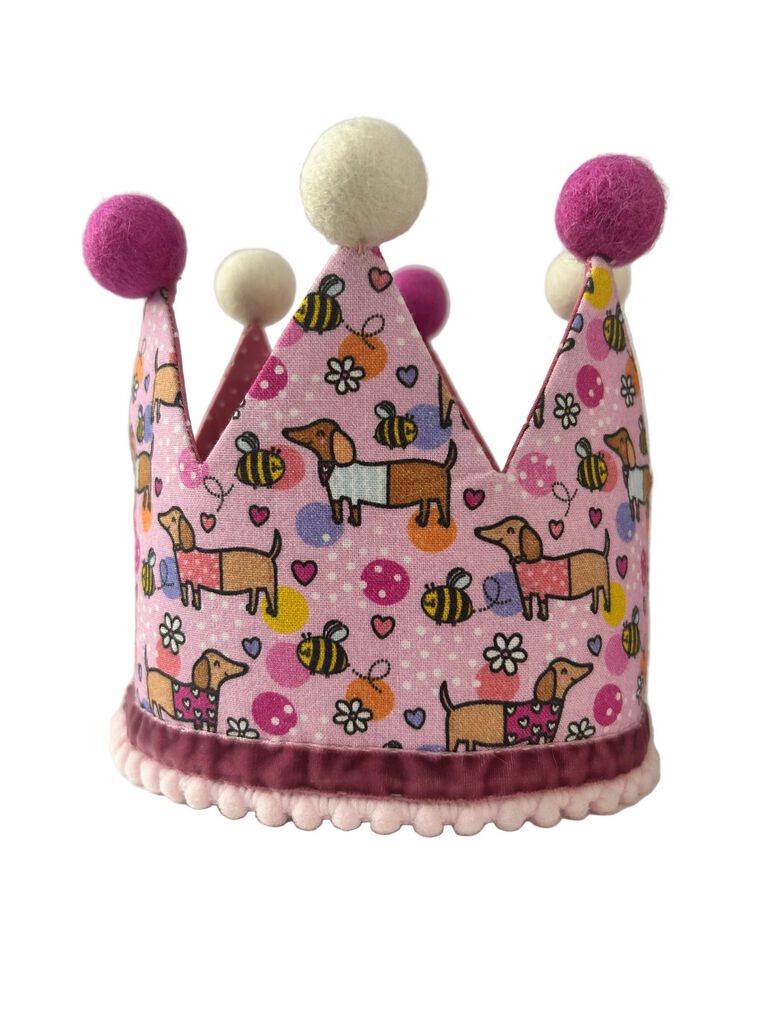 Gorro de cumplea&ntilde;os forma de corona - - Hecha a mano - Estampado de Perro Salchicha Feliz - Rosa, , large Imagen numero 1