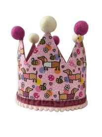 Gorro de cumplea&ntilde;os forma de corona - - Hecha a mano - Estampado de Perro Salchicha Feliz - Rosa