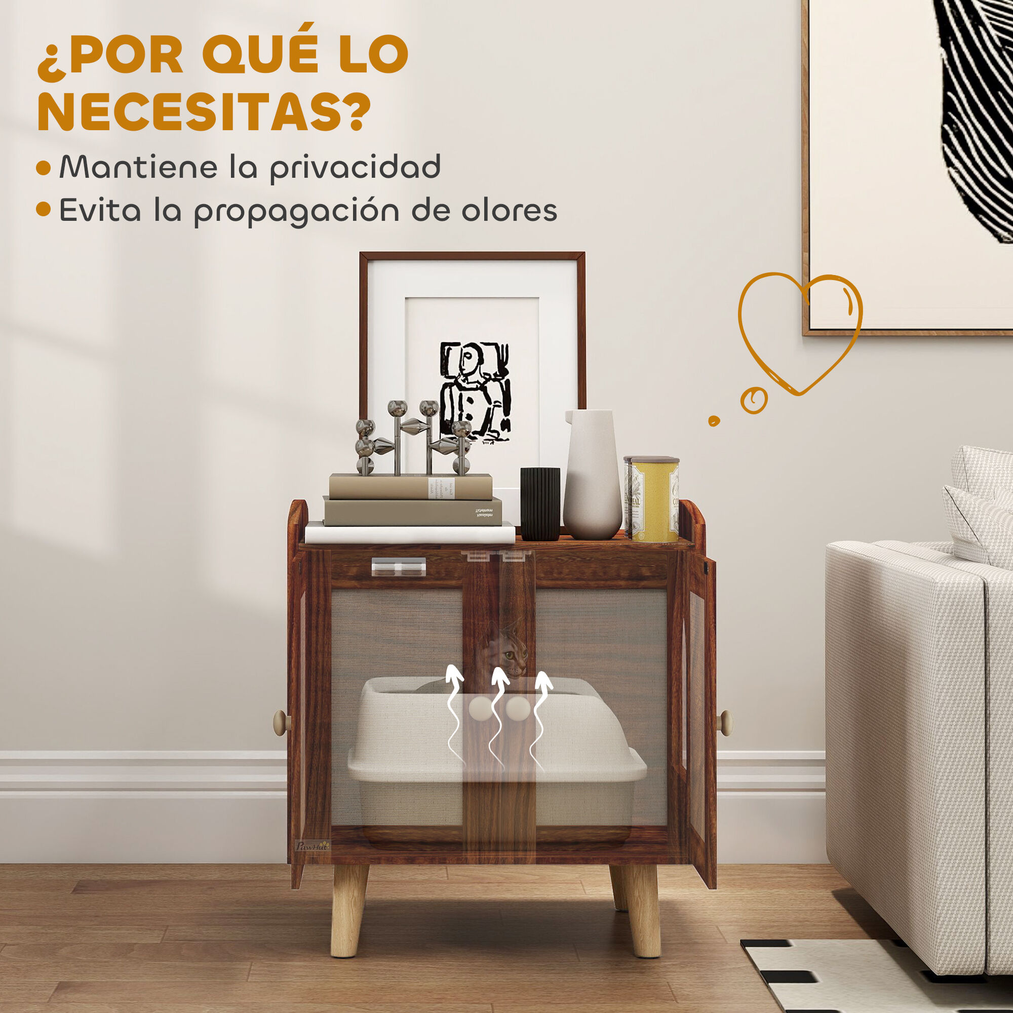 PawHut Mueble Arenero para Gatos Caja de Arena para Gatos Mesa Auxiliar con Puertas con Esteras de Sisal Patas de Madera para Salón Dormitorio 55x43x59,6 cm Marrón thumbnail