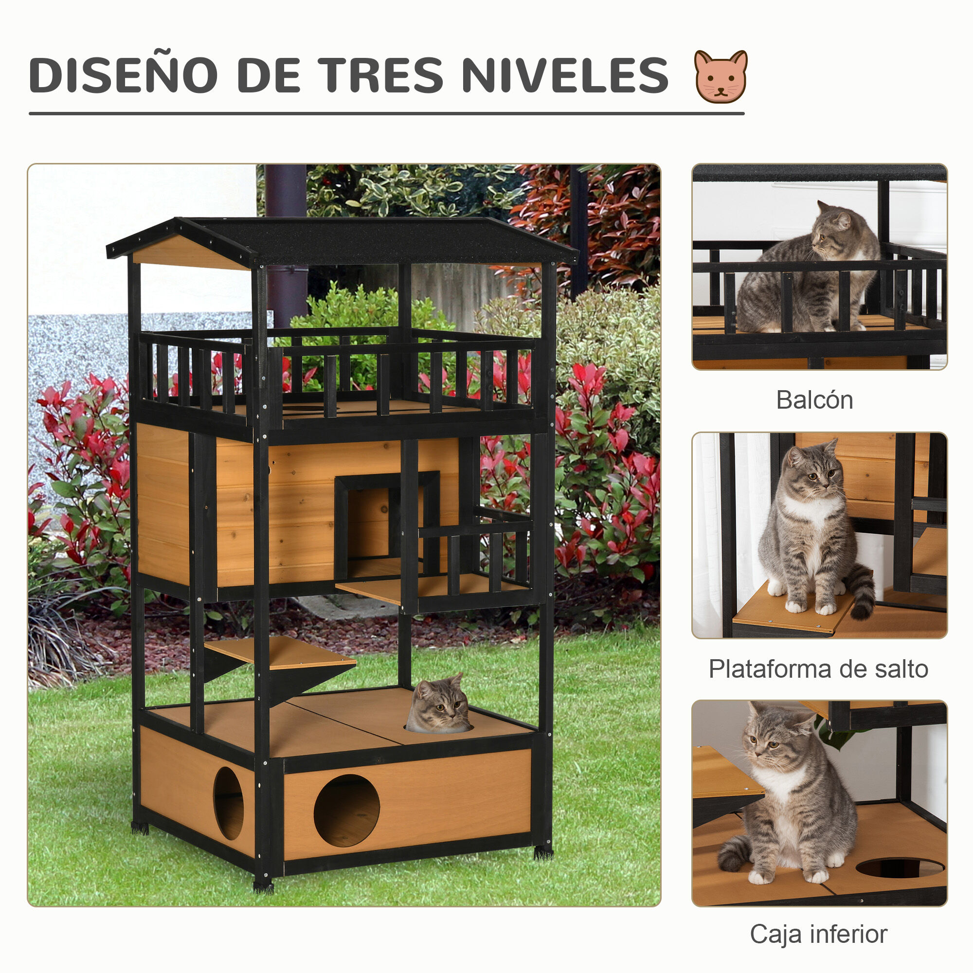 PawHut Casa para Gatos de Madera 75,5x75x137 cm Caseta para Gatos Refugio para Gatos con Techo Asf&aacute;ltico y Plataformas para Interior y Exterior Natural, , large Imagen numero 4