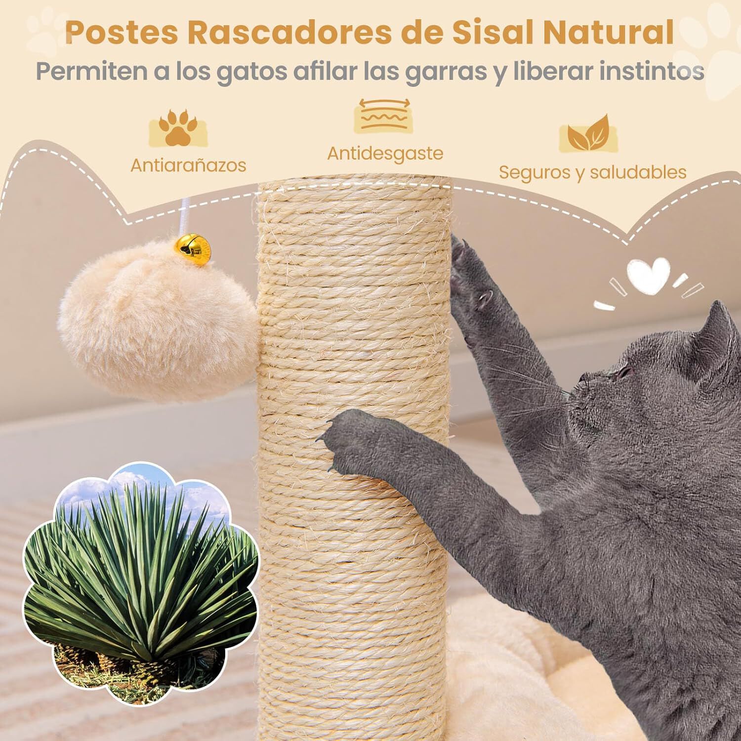 COSTWAY &Aacute;rbol Rascador para Gatos Peque&ntilde;os, &Aacute;rbol para Gatos con Hamaca Suave, Cama para Gatos de Felpa, Postes de Sisal, Autopeluquero y Bola Colgante, Torre para Gatos, 40 x 30 x 72 cm, Beige, , large Imagen numero 3
