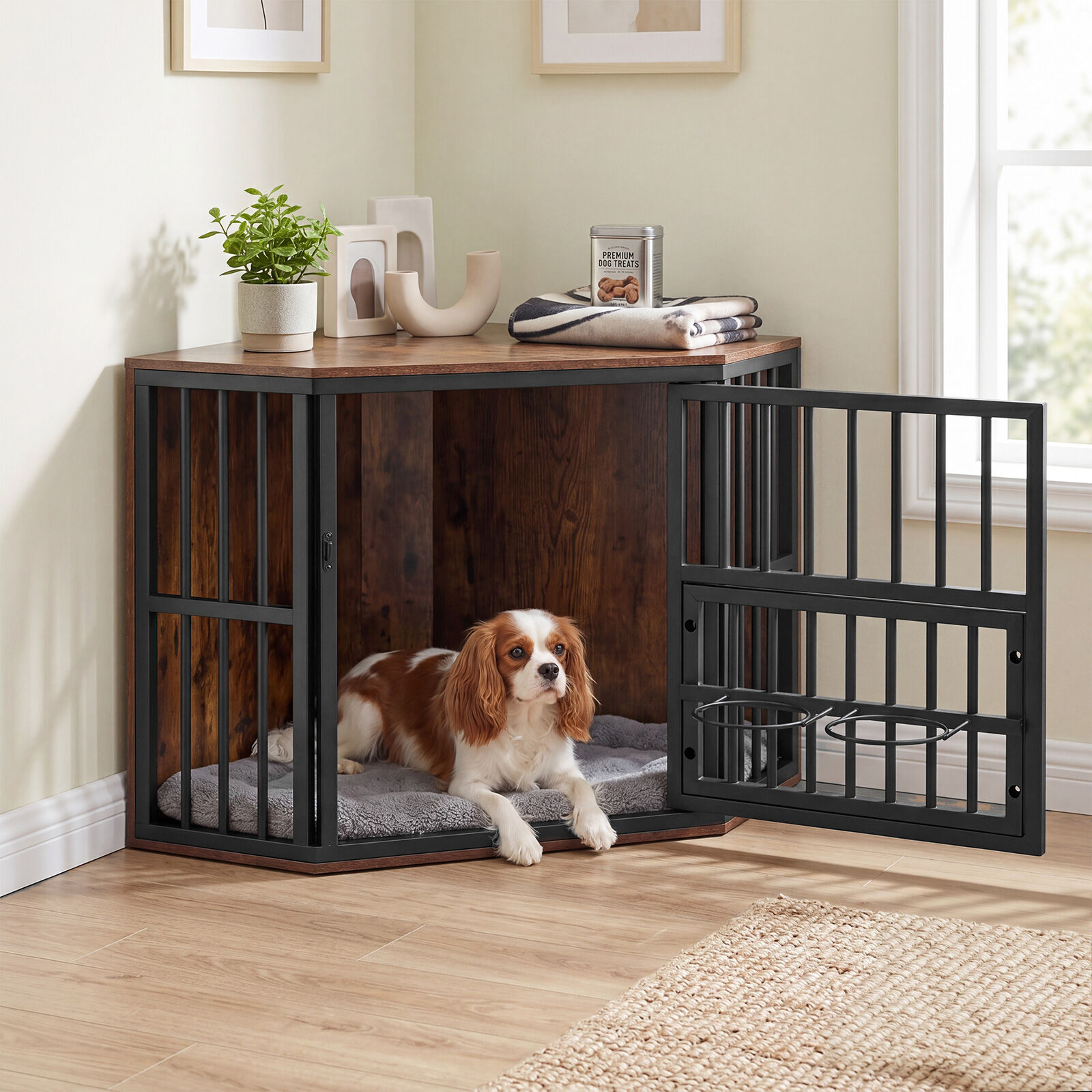 COSTWAY Jaula Esquinera para Perros Que Ahorra Espacio, Mueble Esquinera para Peque&ntilde;os Mascotas con Marco Met&aacute;lico, Estante para Comederos Ajustable 3 Niveles, Mesa Auxiliar Interior, 90 x 55 x 60 cm, , large Imagen numero 2