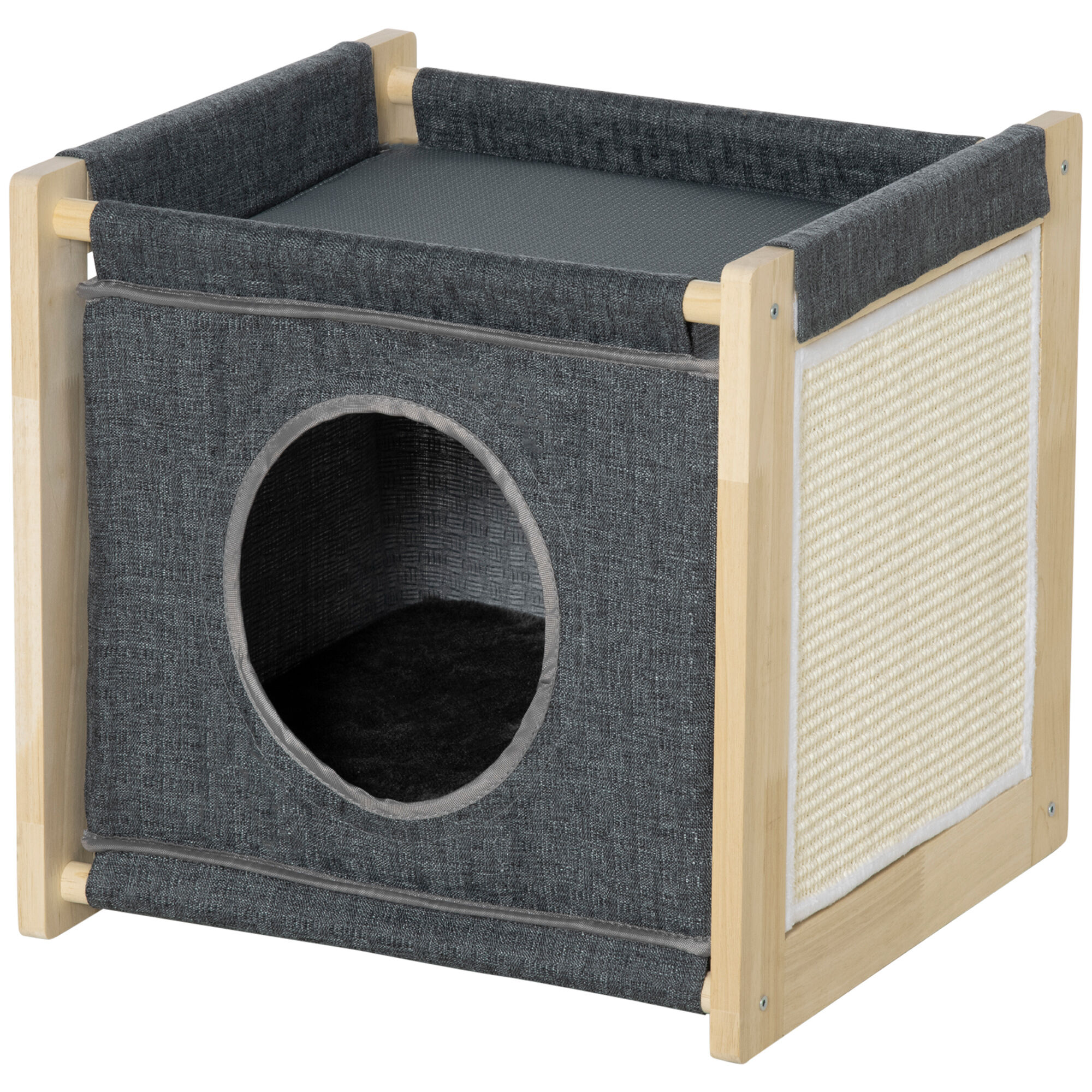 PawHut Cama Cueva para Gatos Casa para Gatos de Interior con Coj&iacute;n Extra&iacute;ble y Lavable Rascador de Sisal y Marco de Madera 40x40x40,5 cm Gris, , large Imagen numero 1