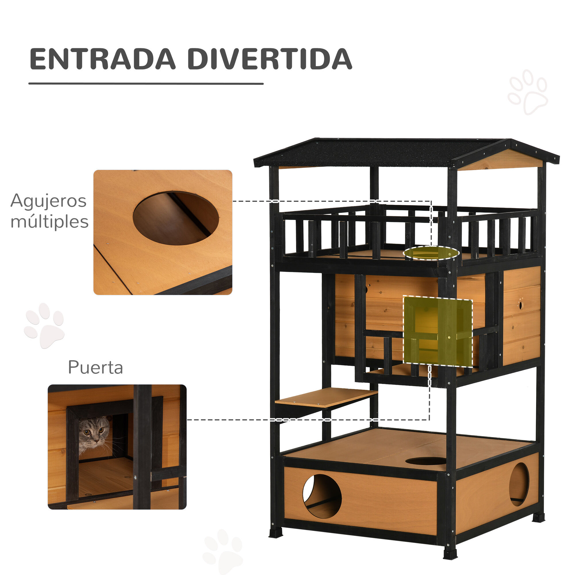 PawHut Casa para Gatos de Madera 75,5x75x137 cm Caseta para Gatos Refugio para Gatos con Techo Asf&aacute;ltico y Plataformas para Interior y Exterior Natural, , large Imagen numero 5