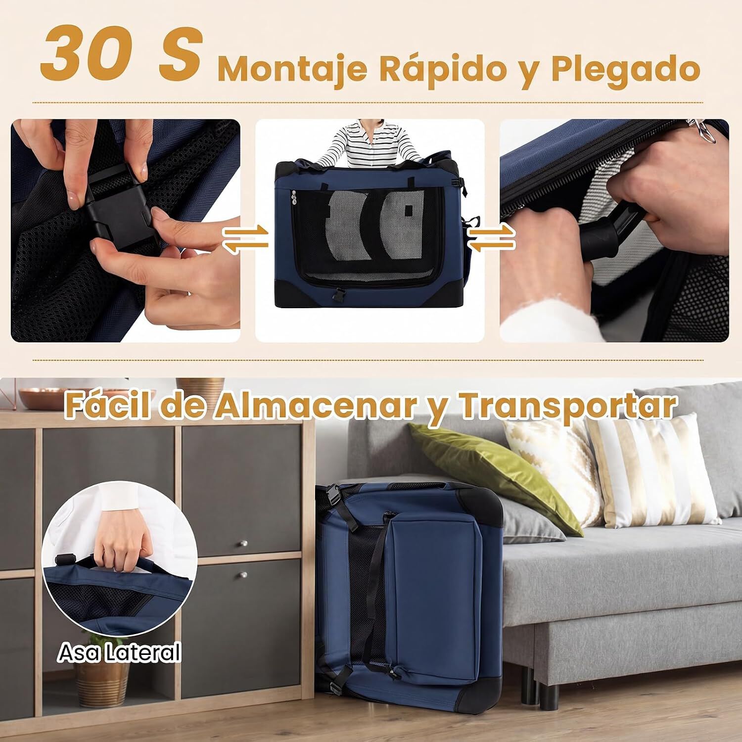 COSTWAY Transport&iacute;n para Perros Plegable, Bolsa Transporte para Gatos con Ventanas de Malla, 3 Puertas y Bolsillos Extra&iacute;bles, Portador de Viaje para Mascotas Interior y Exterior (Azul, S), , large Imagen numero 14