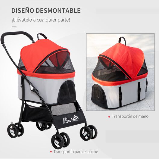 PawHut 3 en 1 Cochecito para Mascotas Carrito para Perros y Gatos Desmontable Bolsa de Transporte Plegable con Cesta de Almacenaje y Frenos Tela Oxford 600D Carga 15 kg 82x49,5x98 cm Rojo., , large image number null