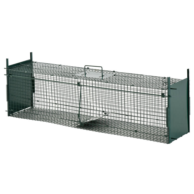 PawHut Trampa para Animales Vivos Jaula de Captura Metálica con 2 Puertas Asa para Conejos Visones Zorros Pequeños 100x25x28 cm Verde Oscuro thumbnail