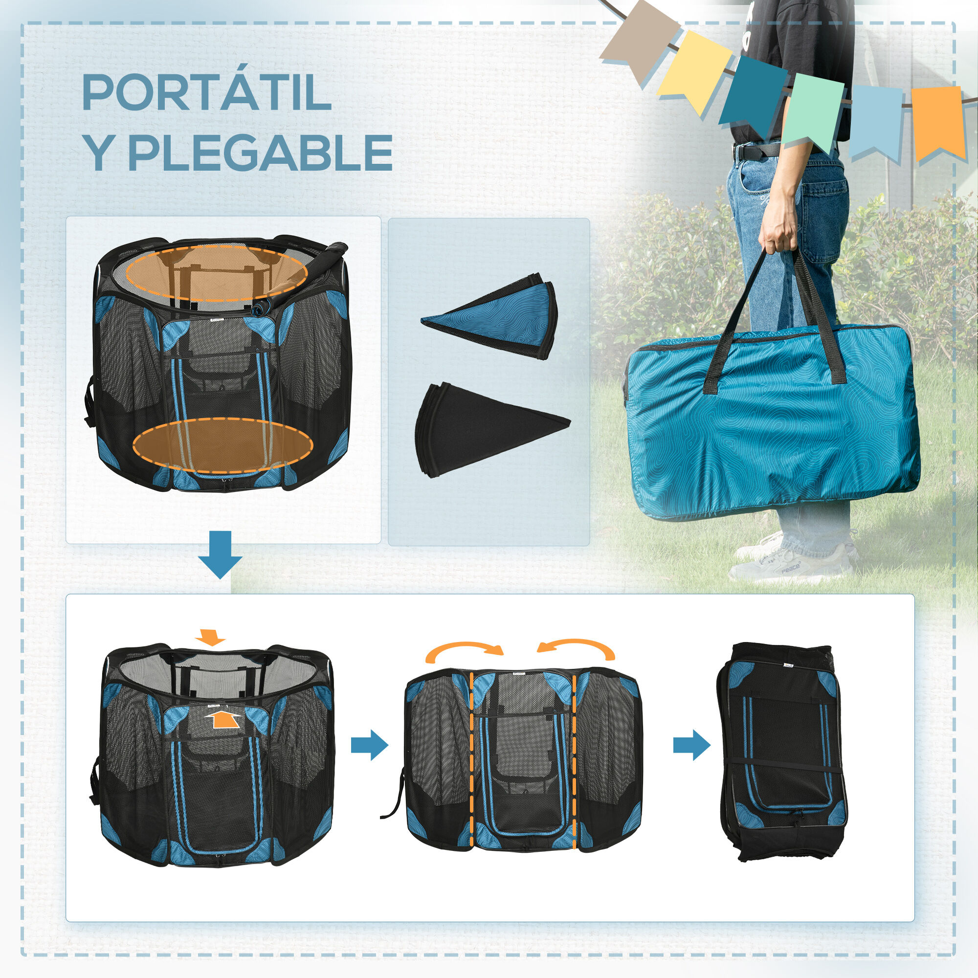 PawHut Parque Plegable para Perros y Gatos de 8 Paneles Parque de Juego para Mascotas con Bolsa de Transporte Recinto Port&aacute;til para Conejos Conejillos de Indias &Oslash;154x76 cm Azul, , large Imagen numero 10