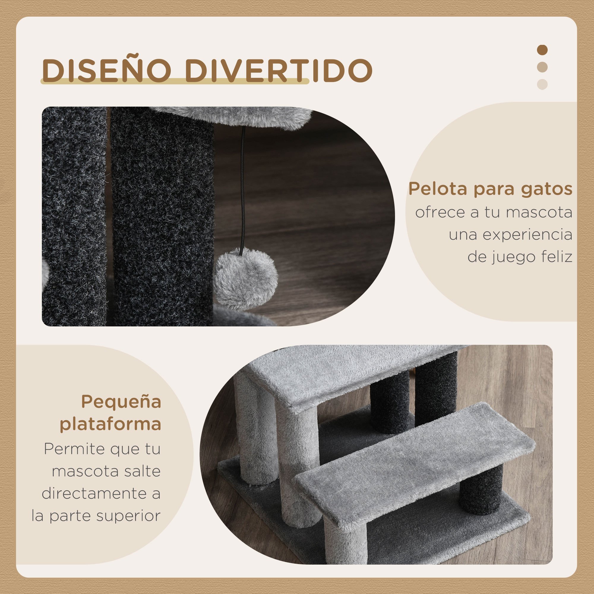 PawHut Escaleras para Gatos de 4 Escalones Escaleras para Mascotas &Aacute;rbol Rascador para Gatos Peque&ntilde;o con Poste Rascador Bola Colgante 60x40x64 cm Gris, , large Imagen numero 10