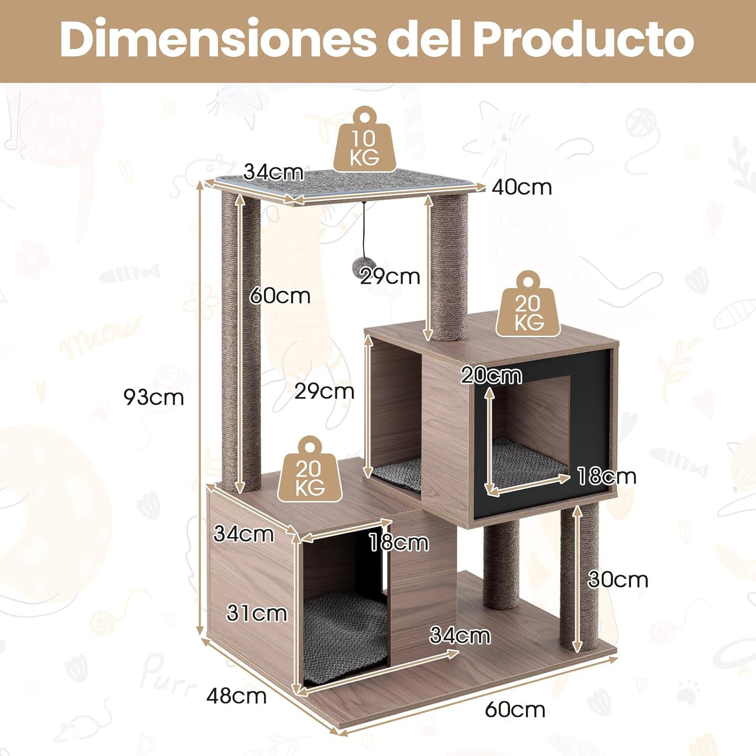 COSTWAY Mueble Rascador para Gatos, 93 cm Torre de Gatitos de Madera Multinivel con Poste Rascador de Sisal, Condominios, Percha, Cojines y Alfombrilla Extra&iacute;bles, &Aacute;rbol Rascador para Gatos, , large Imagen numero 5