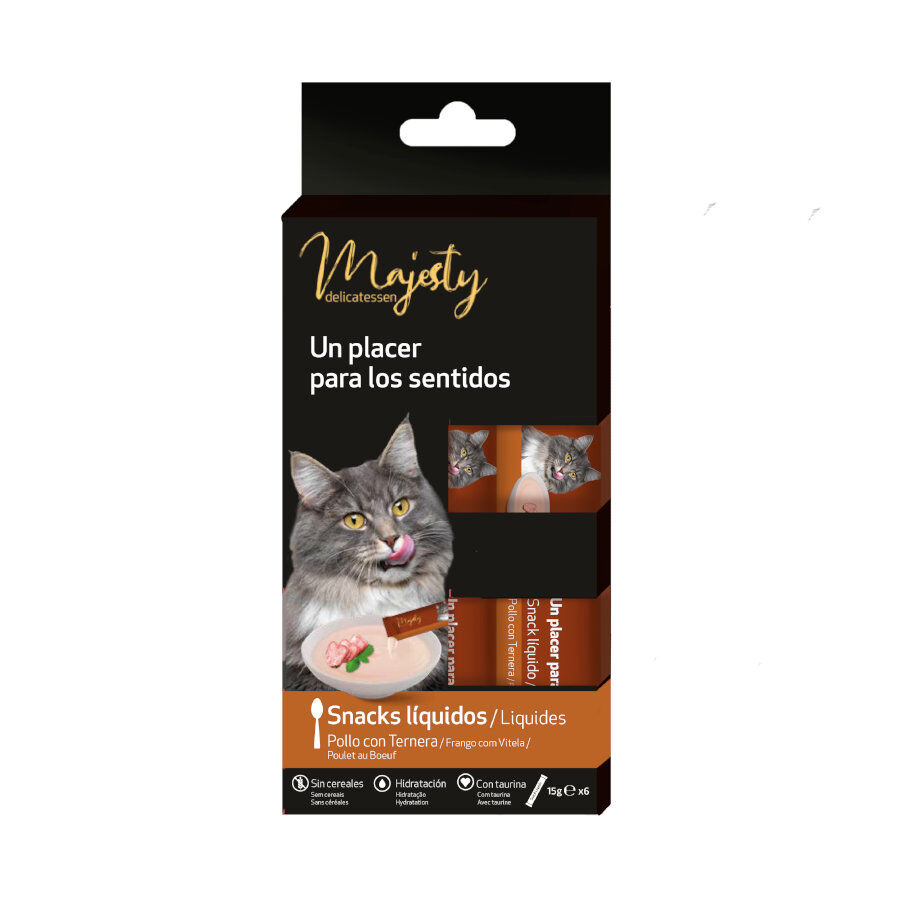 6 sobres x 15 g Majesty Pollo con Ternera snack l&iacute;quido para gatos, , large Imagen numero 2