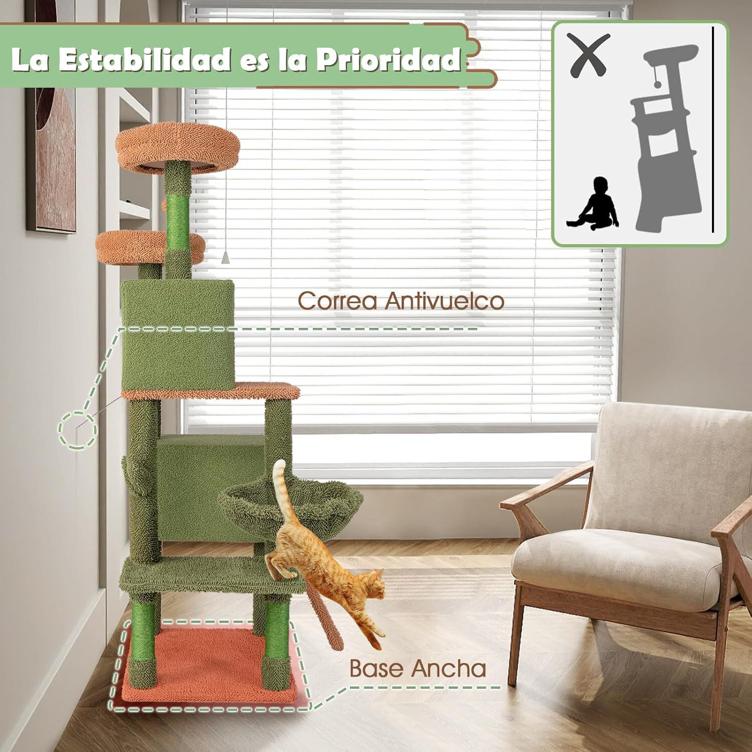 COSTWAY árbol rascador con Diseño de Cactus Verde con Condominio, Hamaca, Plataforma para Gatos thumbnail