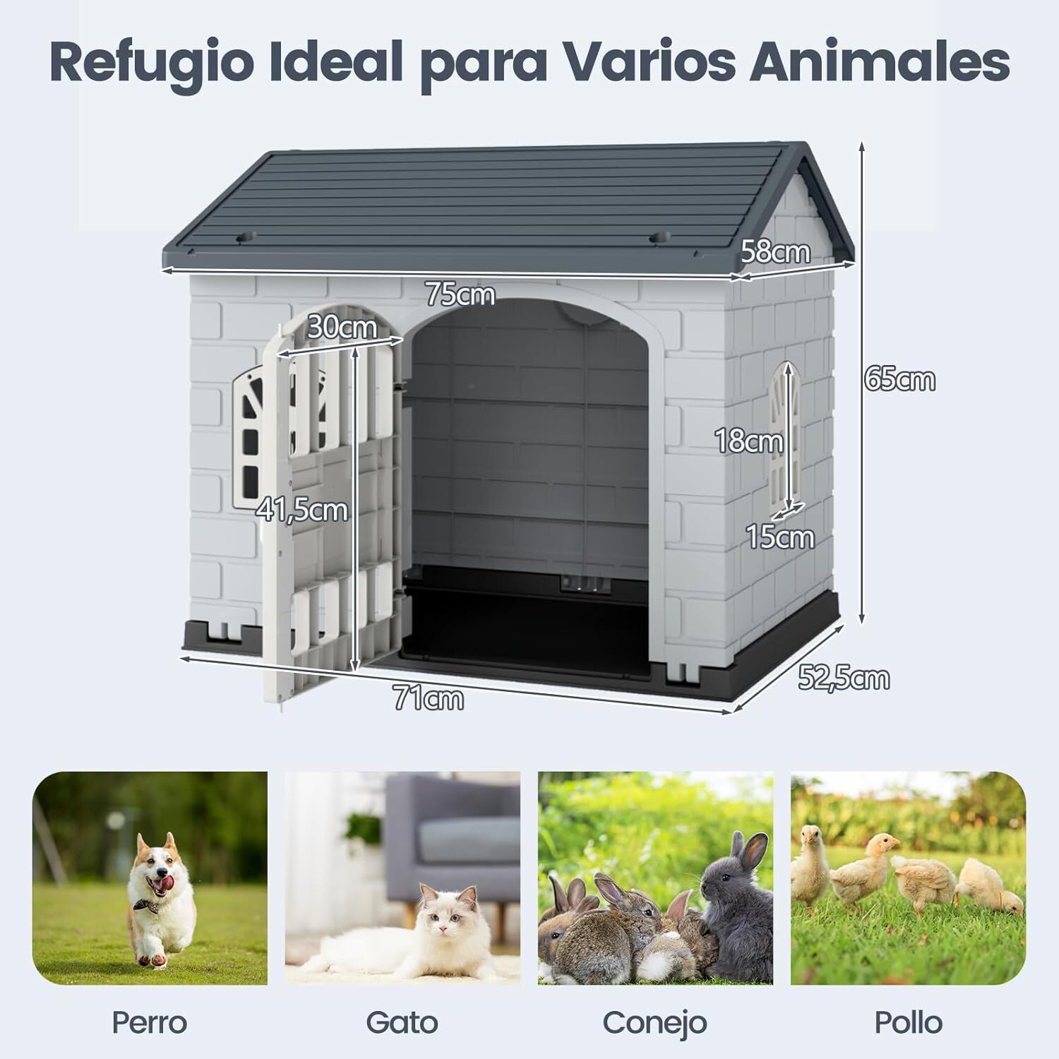COSTWAY Caseta Perros de Pl&aacute;stico, Refugio para Mascotas con Puerta Bloqueable, 3 Ventanas, Techo Inclinado y Base con Orificios de Drenaje, Jaula Impermeable para Interior y Exterior (Gris), , large Imagen numero 5