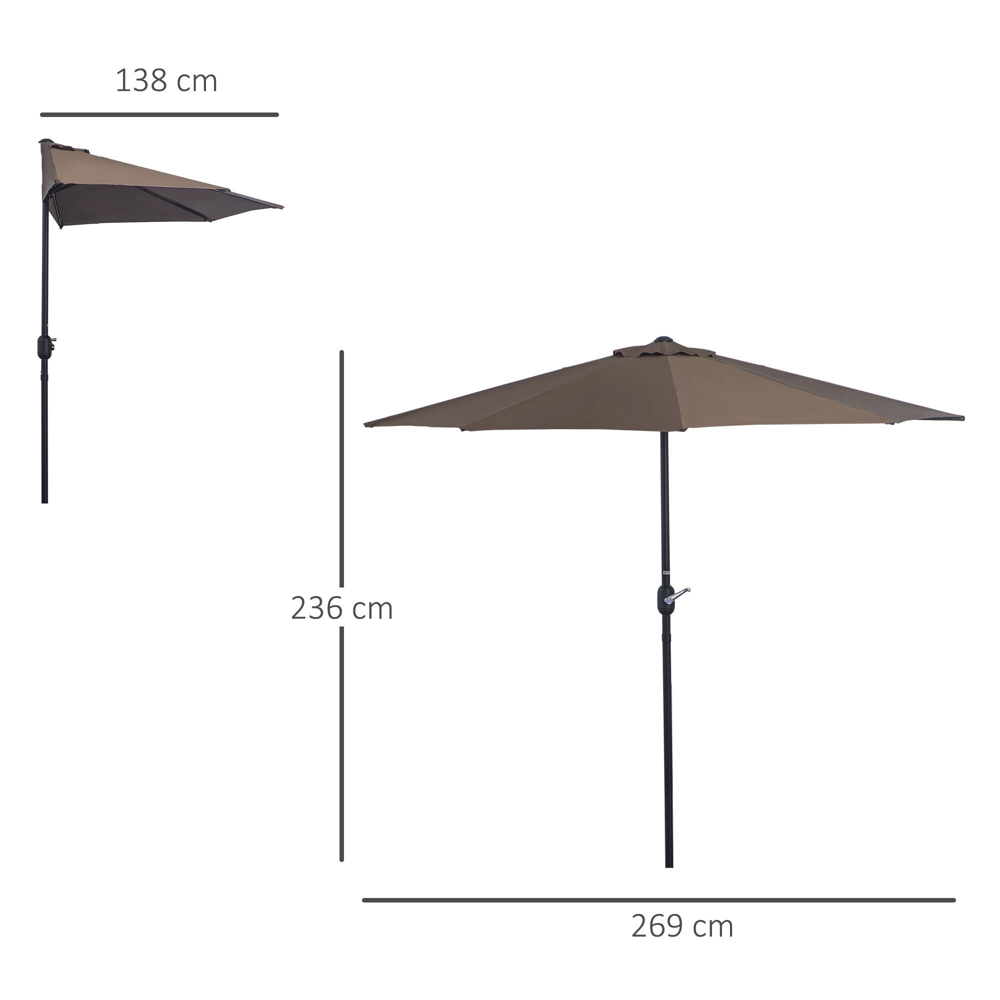 Outsunny Sombrilla 269x138x236 cm Parasol de Jard&iacute;n con Manivela y Forma Semicircular para Exterior Terraza Patio Piscina Caf&eacute;, , large Imagen numero 3