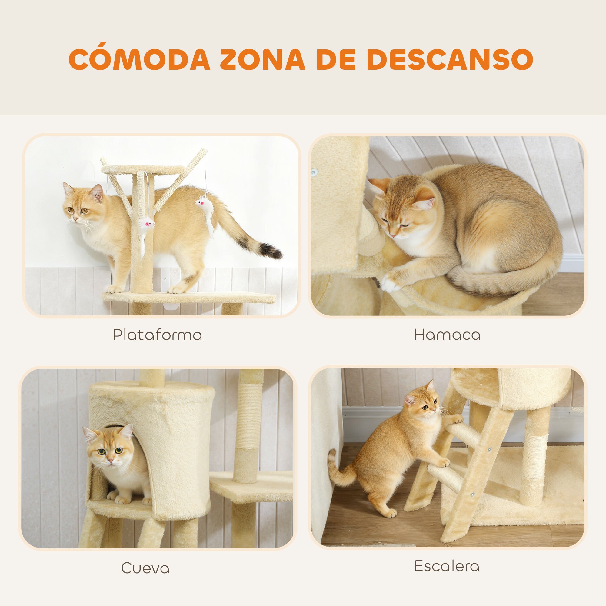PawHut Árbol Rascador para Gatos Grande, Árbol para Gatos, Altura 134 cm, Torre de Escalada con 6 Postes de Sisal, 3 Plataformas, 1 Cueva, 1 Hamaca, 1 Escalera, 4 Juguetes Colgantes, Beige thumbnail