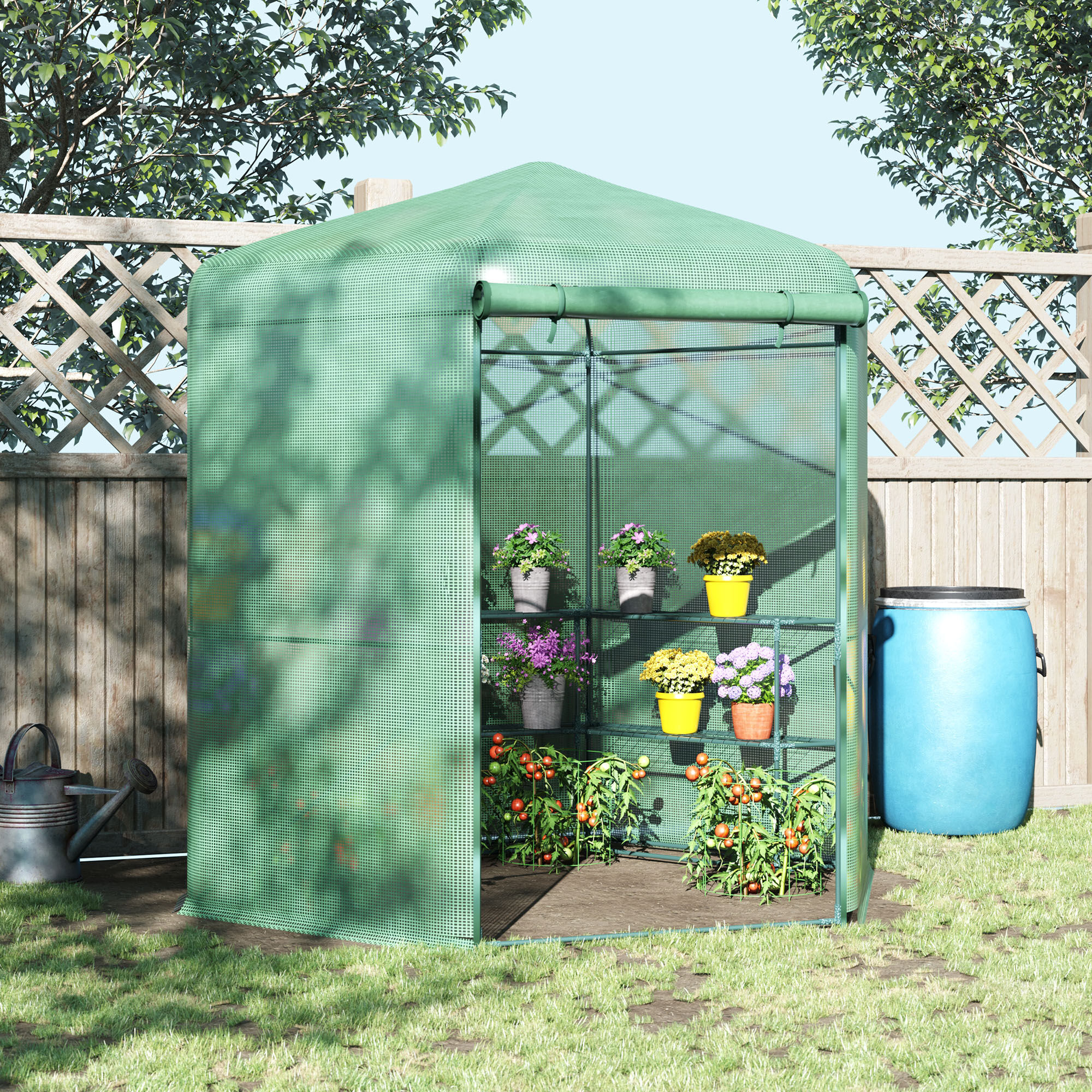 Outsunny Invernadero de Jard&iacute;n Hex&aacute;gono 194x194x215 cm Vivero Casero con 6 Estantes Puerta Enrollable y Marco de Acero Galvanizado para Cultivos Plantas Macetas Flores Verde, , large Imagen numero 2