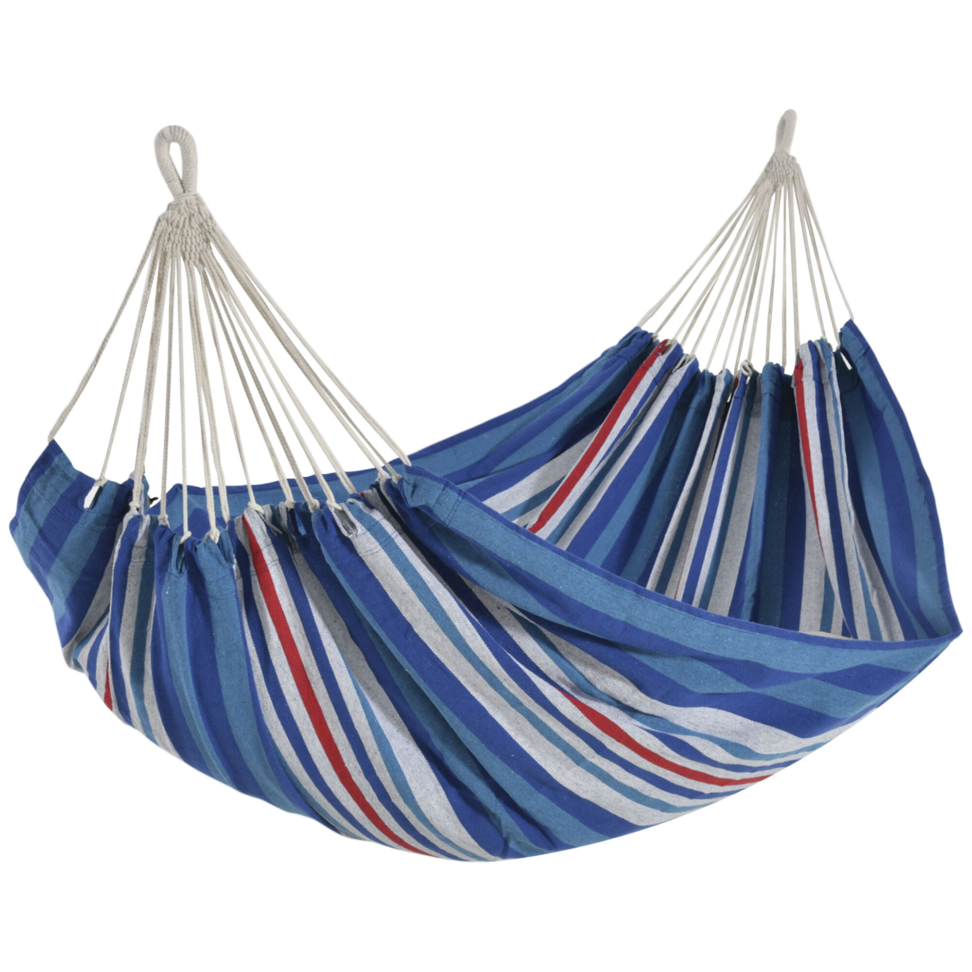 Outsunny Hamaca de Algod&oacute;n para Jard&iacute;n 210x150 cm Hamaca Colgante Port&aacute;til Carga M&aacute;x. 180 kg para Acampar Piscina Camping Rayas Azul y Rojo, , large Imagen numero 1