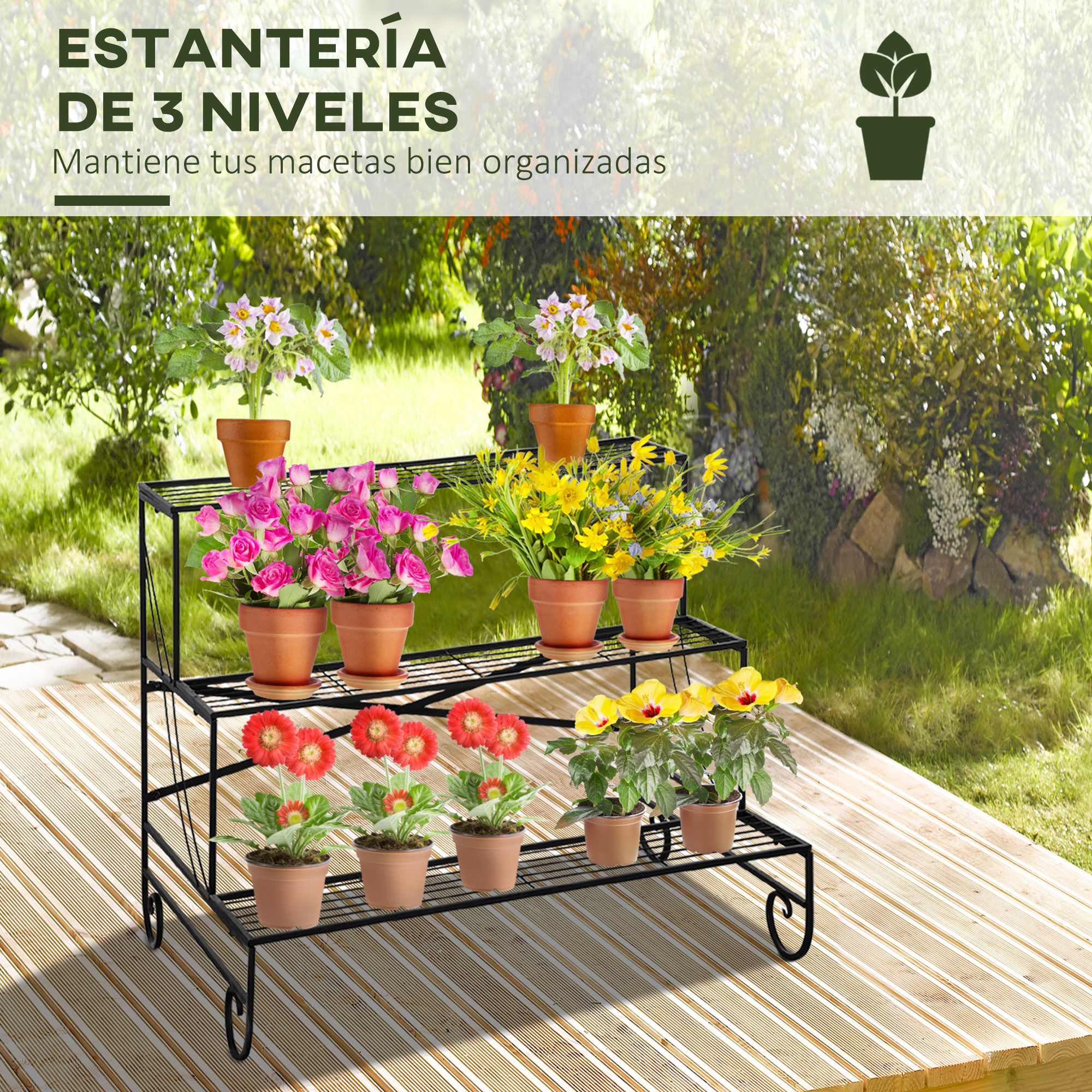 Outsunny Estanter&iacute;a para Plantas de Metal de 3 Niveles Soporte de Flores en Forma Escalera Macetas Multifuncional para Decoraci&oacute;n Interiores y Exteriores 95x63x72 cm Negro, , large Imagen numero 4