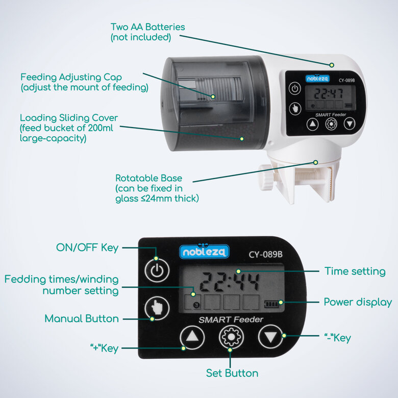 Nobleza - Alimentador Automático Acuarios con Temporizador, Dispensador Comedero Acuario con Pantalla LCD para días Festivos y Fines de Seman, , large image number null