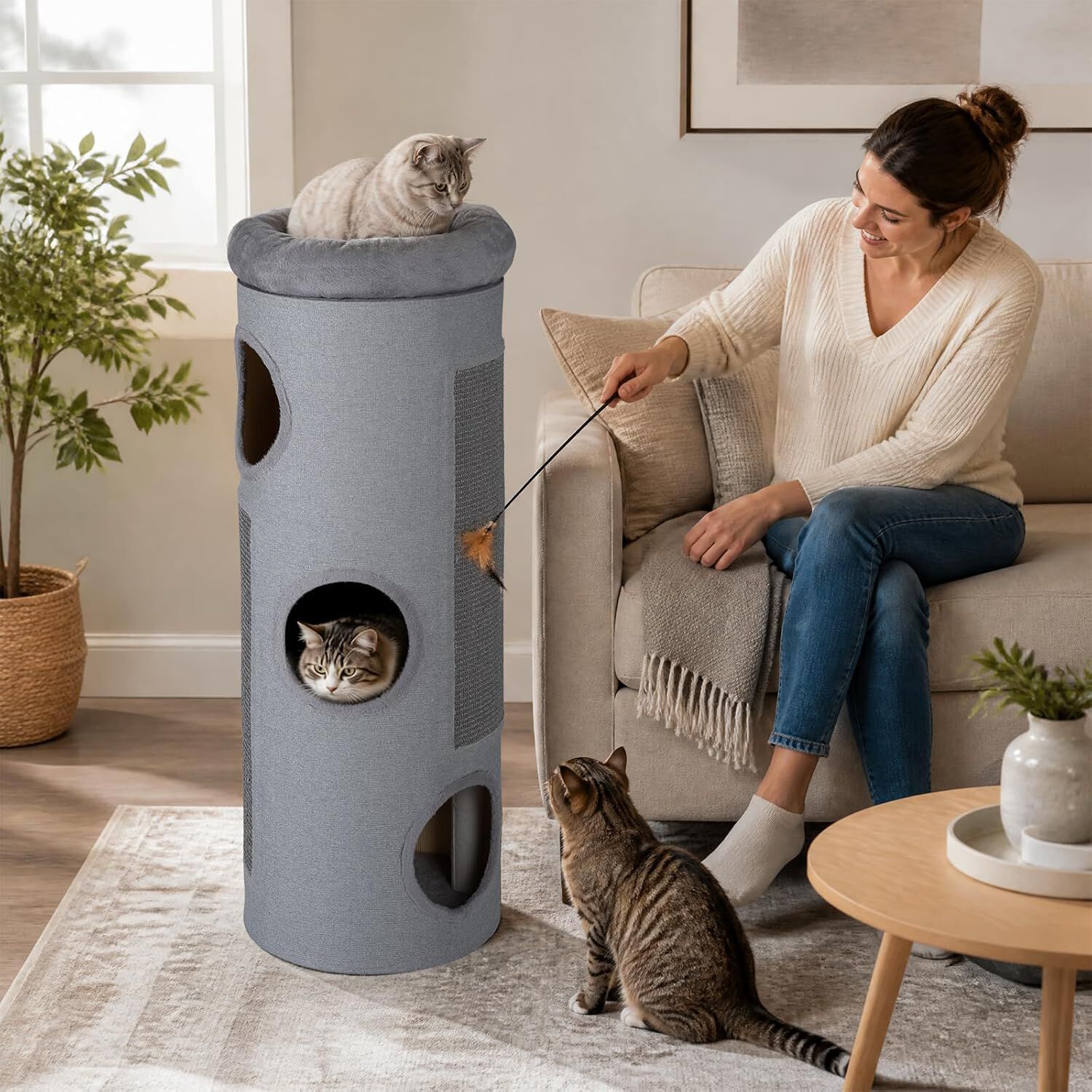 COSTWAY Barril Rascador de 4 Niveles, Poste rascador para Gatos con Cama de Percha Removible, Tablero Rascador de Sisal, Estera de Bamb&uacute; para Gato de Interior, 43 x 43 x 113 cm, Gris Claro, , large Imagen numero 2