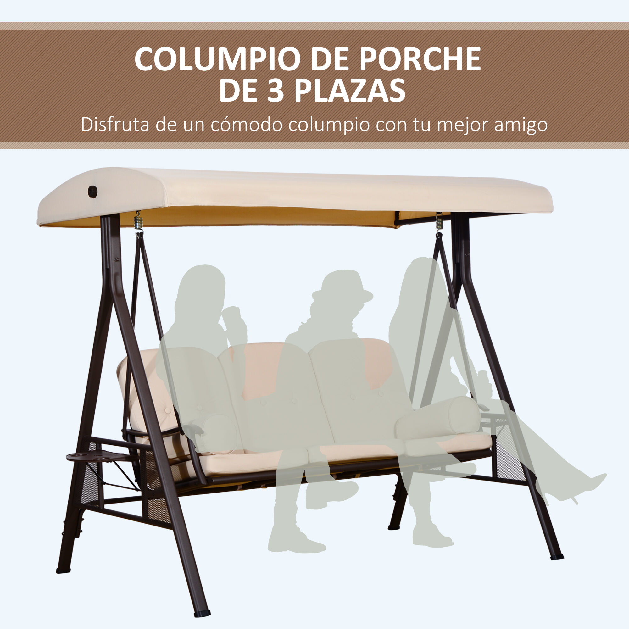 Outsunny Columpio Balanc&iacute;n de Jard&iacute;n de 3 Plazas con Techo Parasol 2 Cojines Bandeja para Bebidas y Marco de Metal para Terraza Balc&oacute;n Exterior Carga Max. 360 kg 207x120,5x174 cm Beige, , large Imagen numero 5