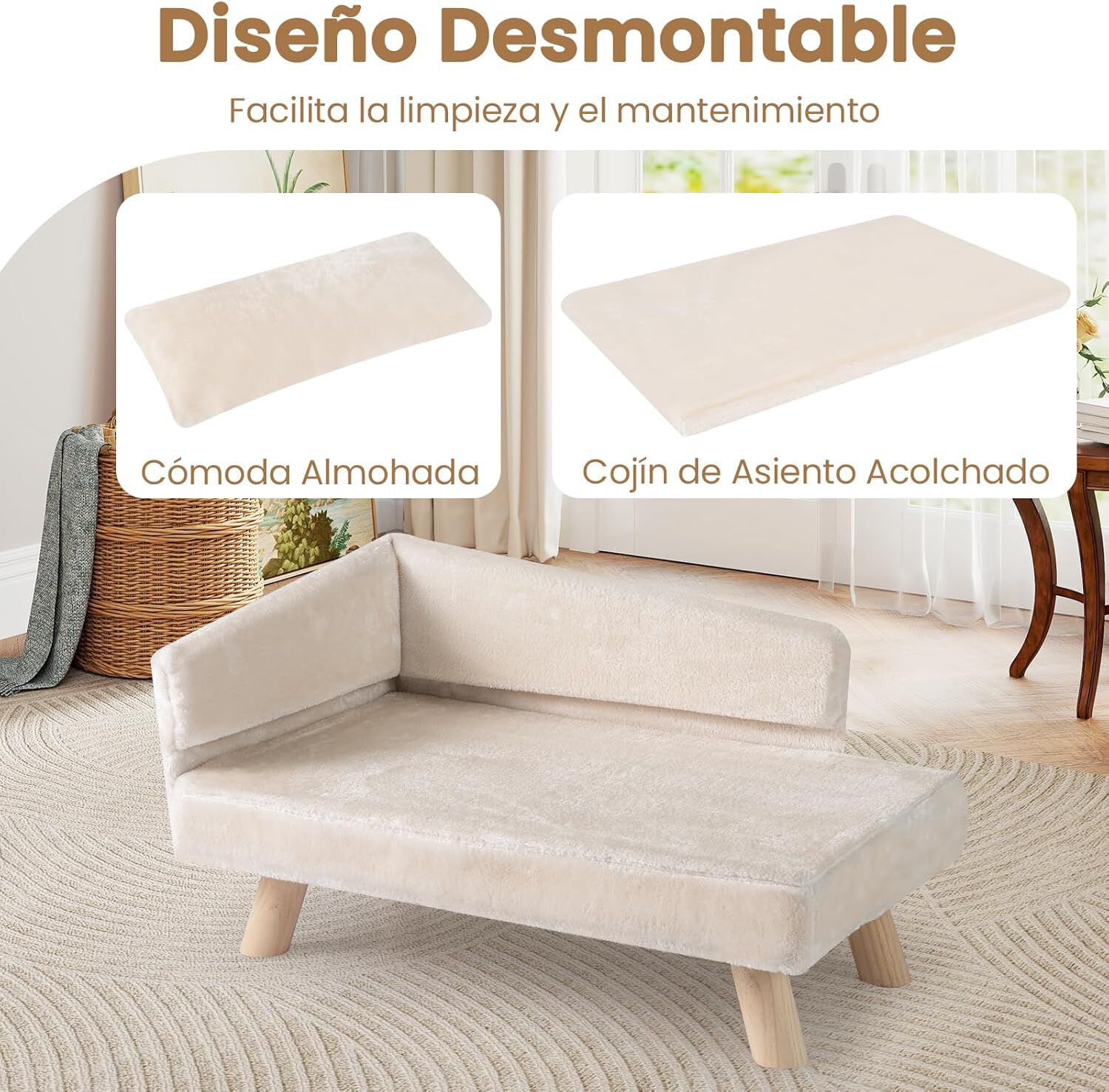 COSTWAY Cama para Gatos, mullida y Suave, sof&aacute; para Gatos medianos y peque&ntilde;os, Linda Cama para Gato con Base Antideslizante, Pies de Madera, Sof&aacute; Sill&oacute;n para Interior (Blanco,81 x 51 x 47 cm), , large Imagen numero 3