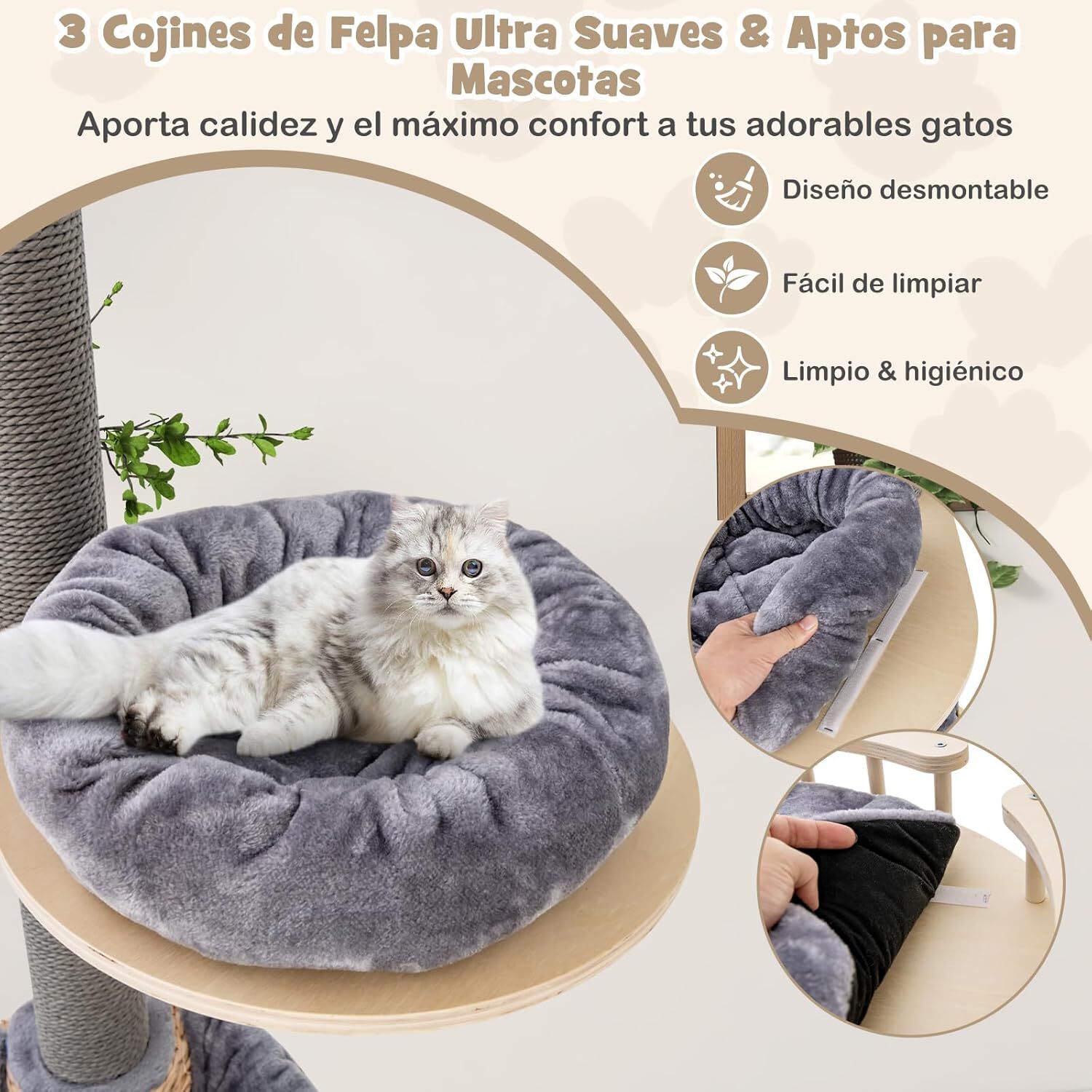 COSTWAY Torre para Gatos Altura de 236-271 cm, &Aacute;rbol Rascador para Gatos para Fijar al Techo de 5 Niveles, Ajustable en Altura con Hamaca,Cesta de Peluche, Cama Blanda y Poste Rascador para Gatos, , large Imagen numero 2