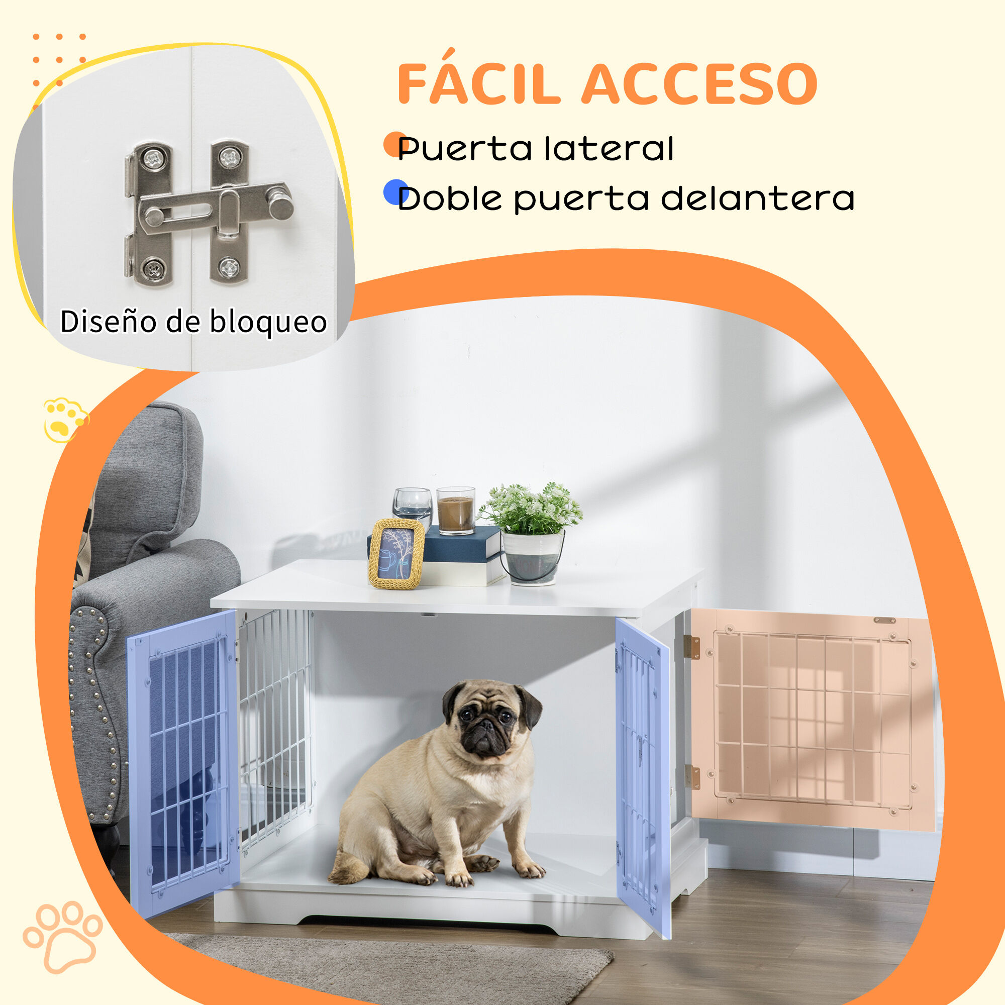 PawHut Conjunto para Mascotas Juego de Jaula para Perros de Madera con 2 Puertas y Comedero Elevado para Perros con 2 Cuencos Extra&iacute;bles de Acero 76x54,5x56 cm 44x24x15 cm Blanco, , large Imagen numero 4
