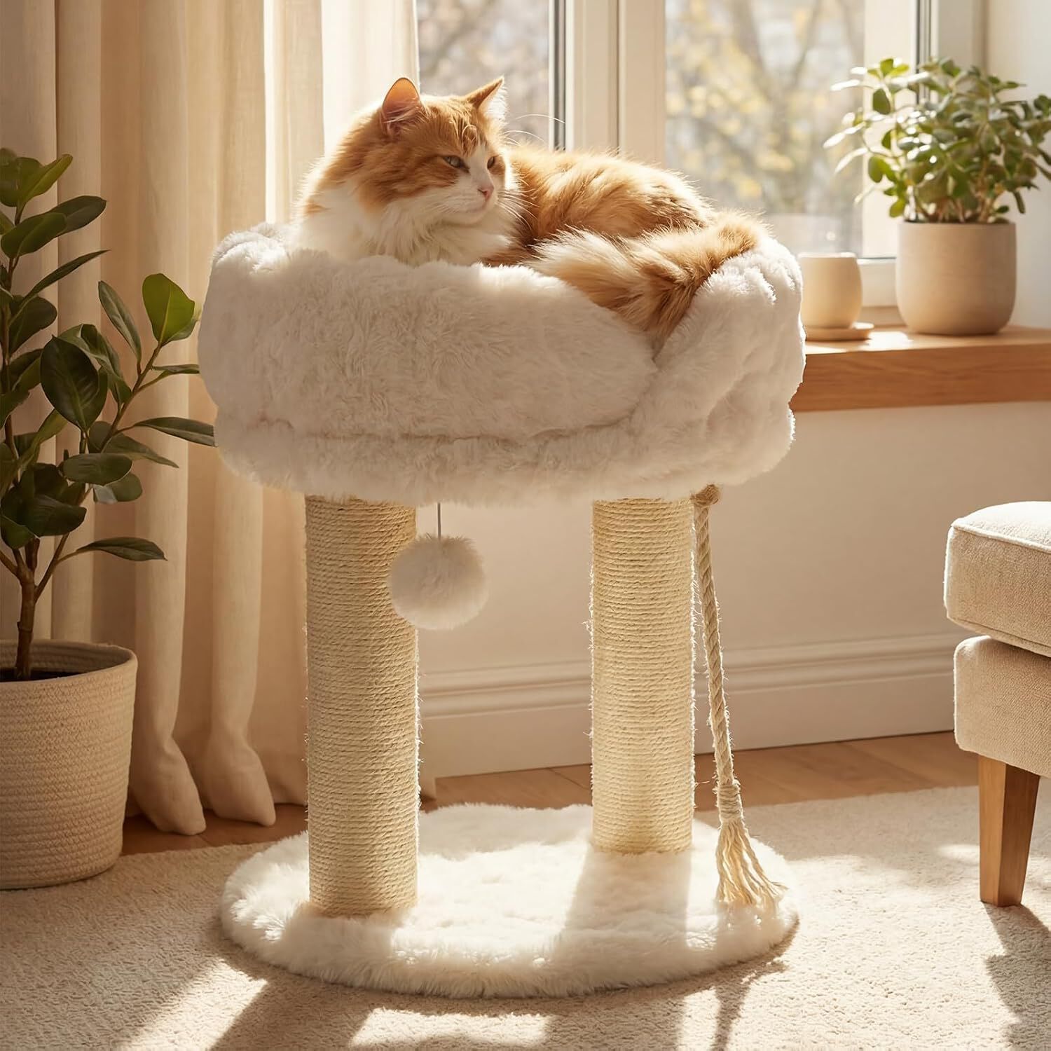 COSTWAY 40 x 40 x 50,5 cm &Aacute;rbol para Gatos Peque&ntilde;o (Blanco) | Torre para Gatos con Plataforma Superior de Felpa, Rascadores de Sisal, Bola Colgante, Torre gato Interior para Mascotas, , large Imagen numero 2