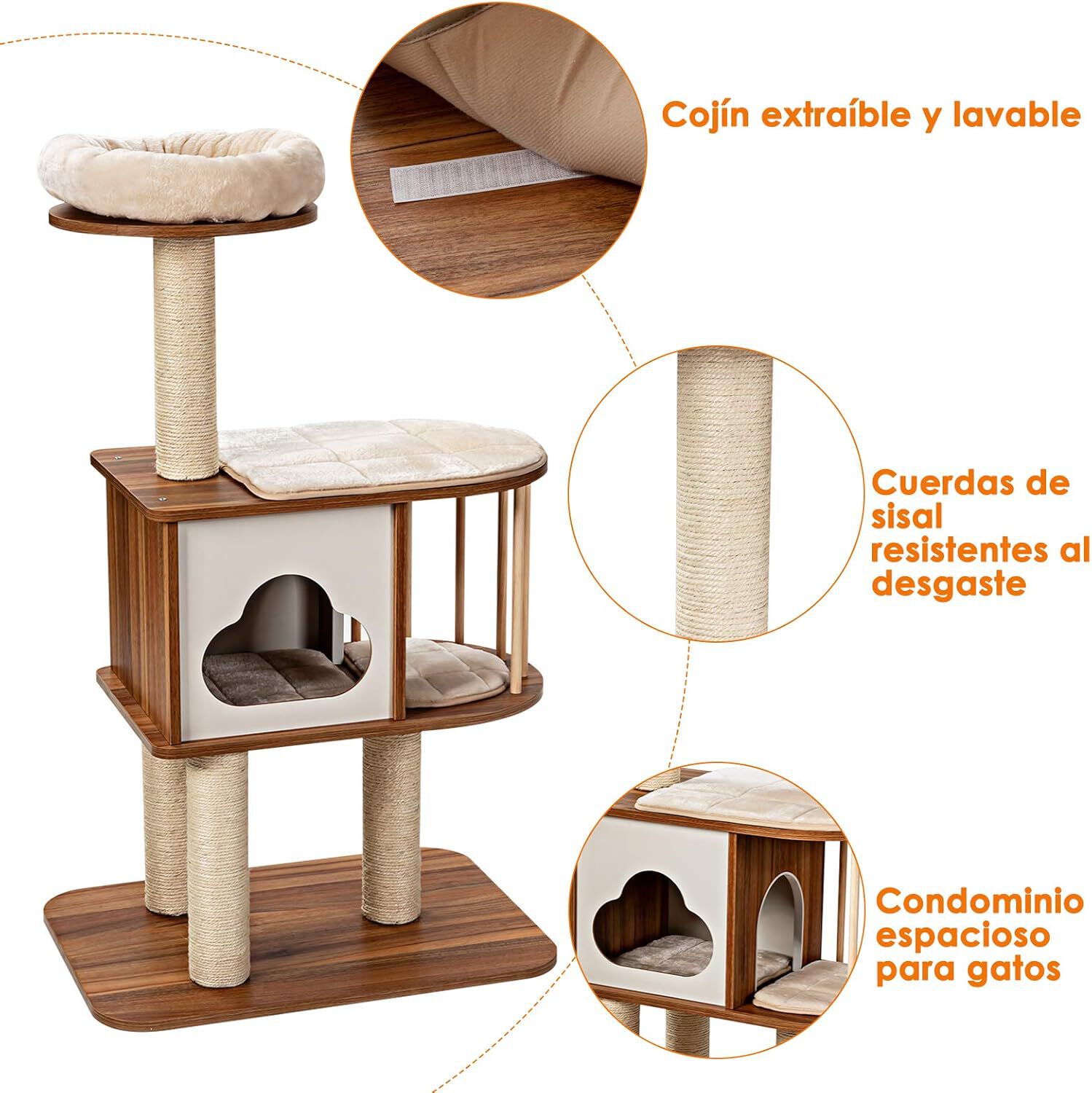 COSTWAY Mueble para Gatos &Aacute;rbol Actividad para Gatos con Poste Rascador y Colchonetas Casa de Madera de Gato 68x48x117cm, , large Imagen numero 4