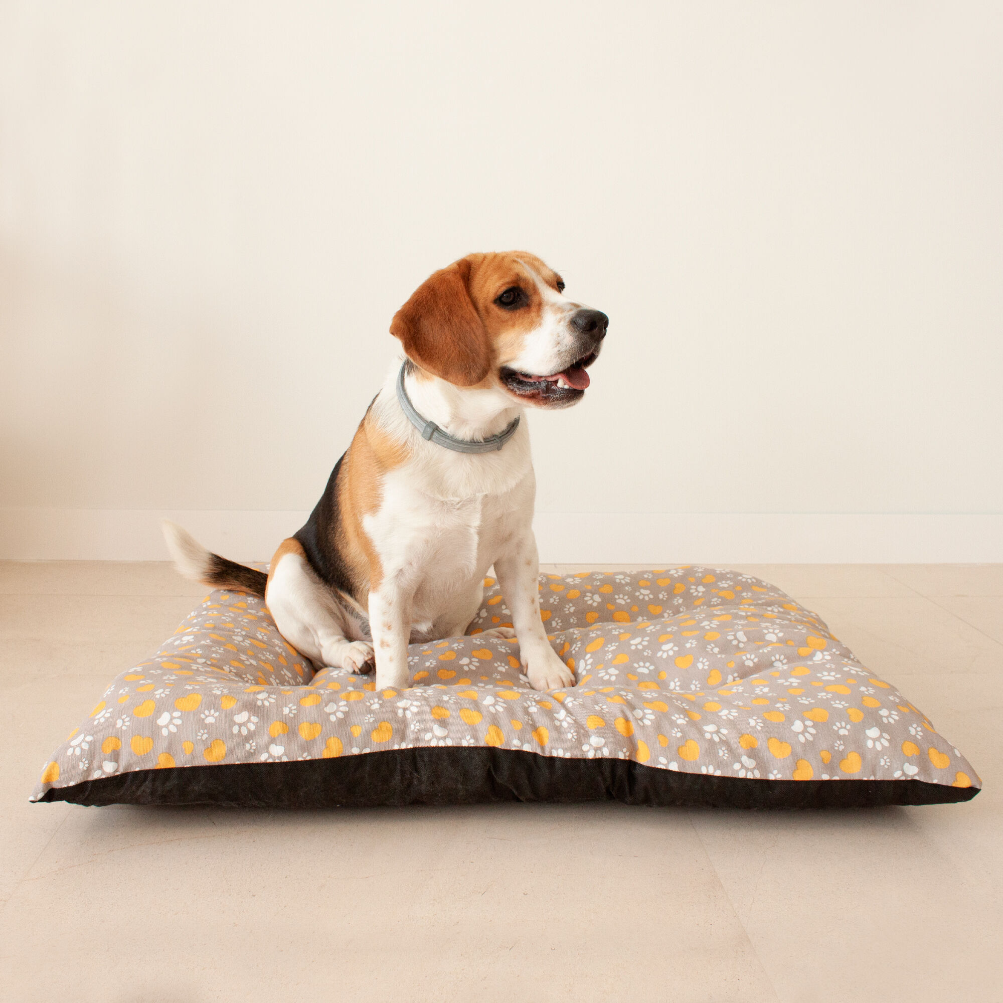 Coj&iacute;n para Mascota Grande Acolchado Relleno. Color Gris con Corazones Amarillos y Huellas Blancas. 85x70x10 cm, , large Imagen numero 5