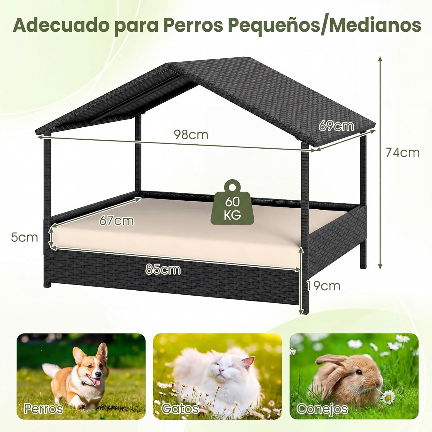 COSTWAY Caseta para Perros Exterior e Interior, Casa Perro de Rat&aacute;n Grande con Dosel, Base Elevada, Coj&iacute;n Removible, Estructura Met&aacute;lica, Cama Elevada para Mascotas, Carga 60 kg, 98 x 69 x 74 cm (Beige), , large Imagen numero 5