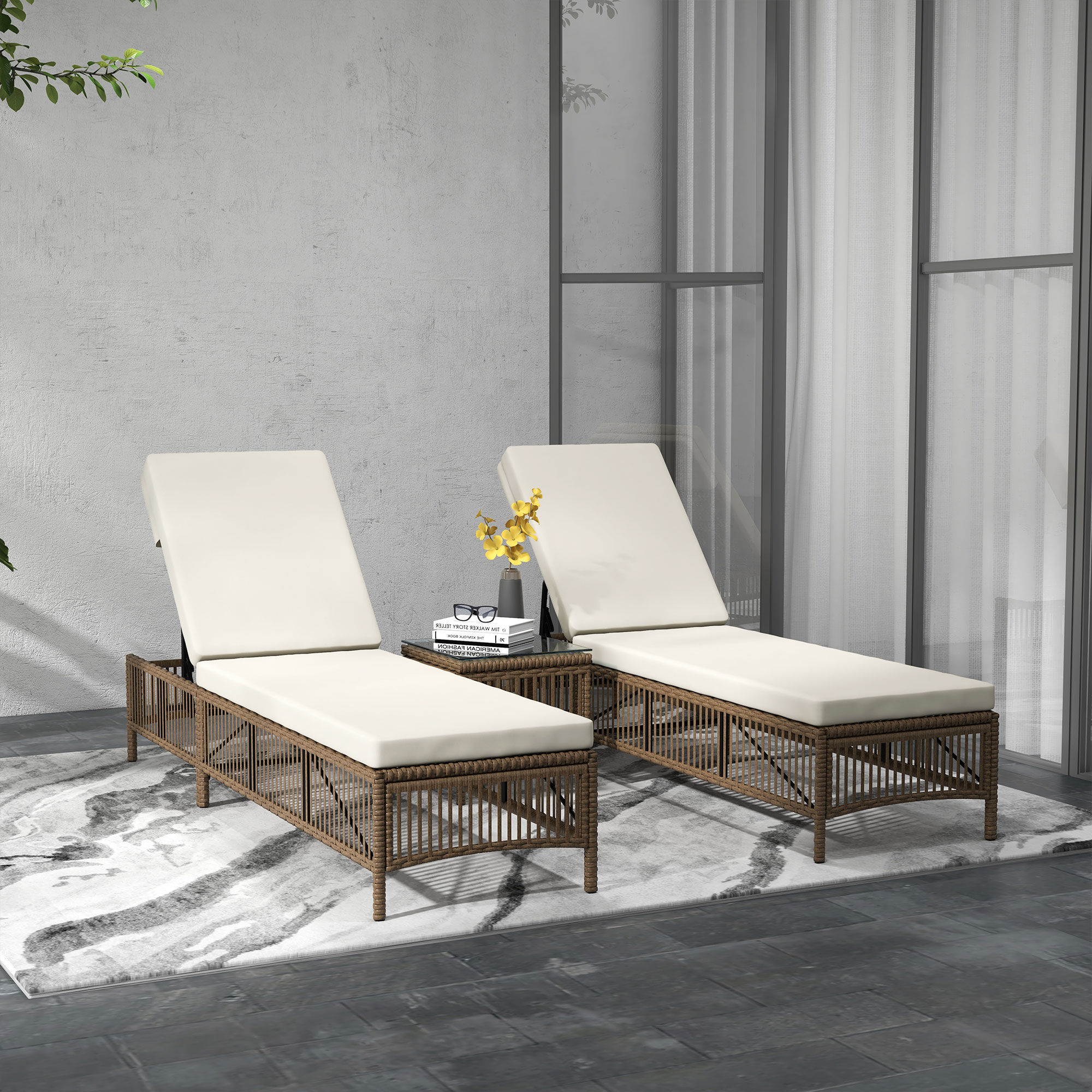 Outsunny Conjunto de 2 Tumbonas de Rat&aacute;n Tumbonas de Jard&iacute;n con Mesa de Centro Respaldo Ajustable en 5 Niveles y Cojines 196x54x32 cm Beige, , large Imagen numero 2