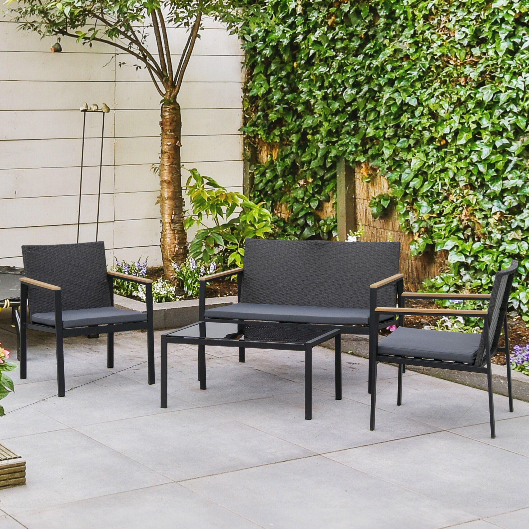 Outsunny Conjunto Muebles de Rat&aacute;n PE de 4 Piezas con Cojines 2 Sillones 1 Sof&aacute; Doble y Mesa de Centro para Jard&iacute;n Terraza Patio Negro y Gris, , large Imagen numero 2
