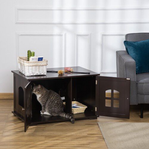 PawHut casa de madera y mueble arenero marr&oacute;n para gatos, , large Imagen numero 2