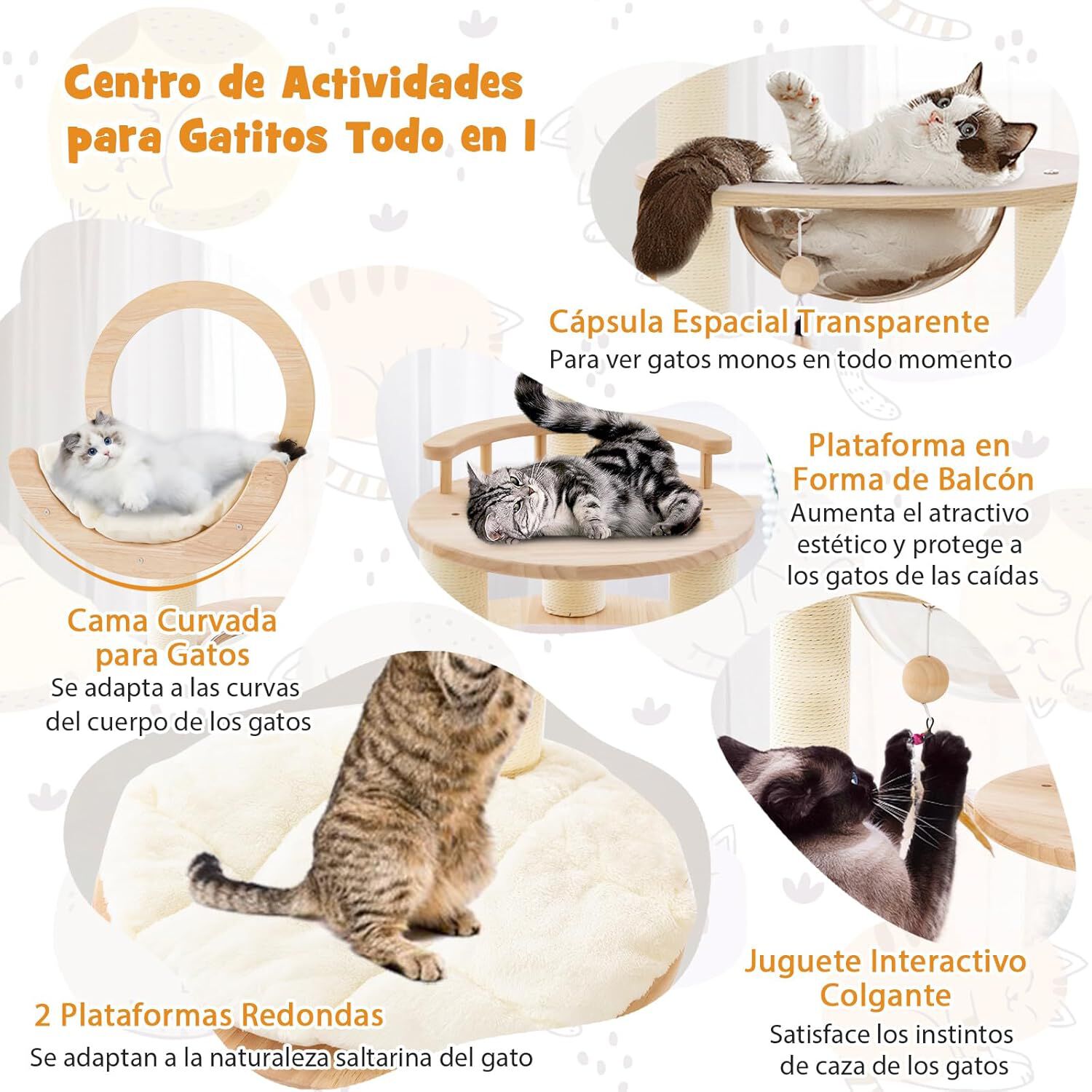 COSTWAY &Aacute;rbol para Gatos de 146 cm, 4 en 1 Torre para Gatos con Cama Curvada, 3 Plataformas Redonda, C&aacute;psula Espacial Transparente, Juguete Interactivo Colgante y Postes Rascadores de Sisal y Roble, , large Imagen numero 5