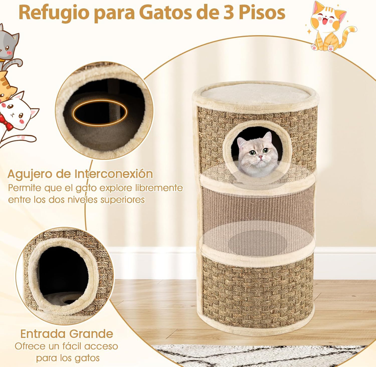 COSTWAY Barril Rascador para Gatos de 3 Pisos, 70 cm Torre para Gatos con Poste Rascado de Sisal con Cama Acolchada, &Aacute;rbol Rascador para Gato en Forma de Barril, Casa para Gatitos de Interior, , large Imagen numero 3