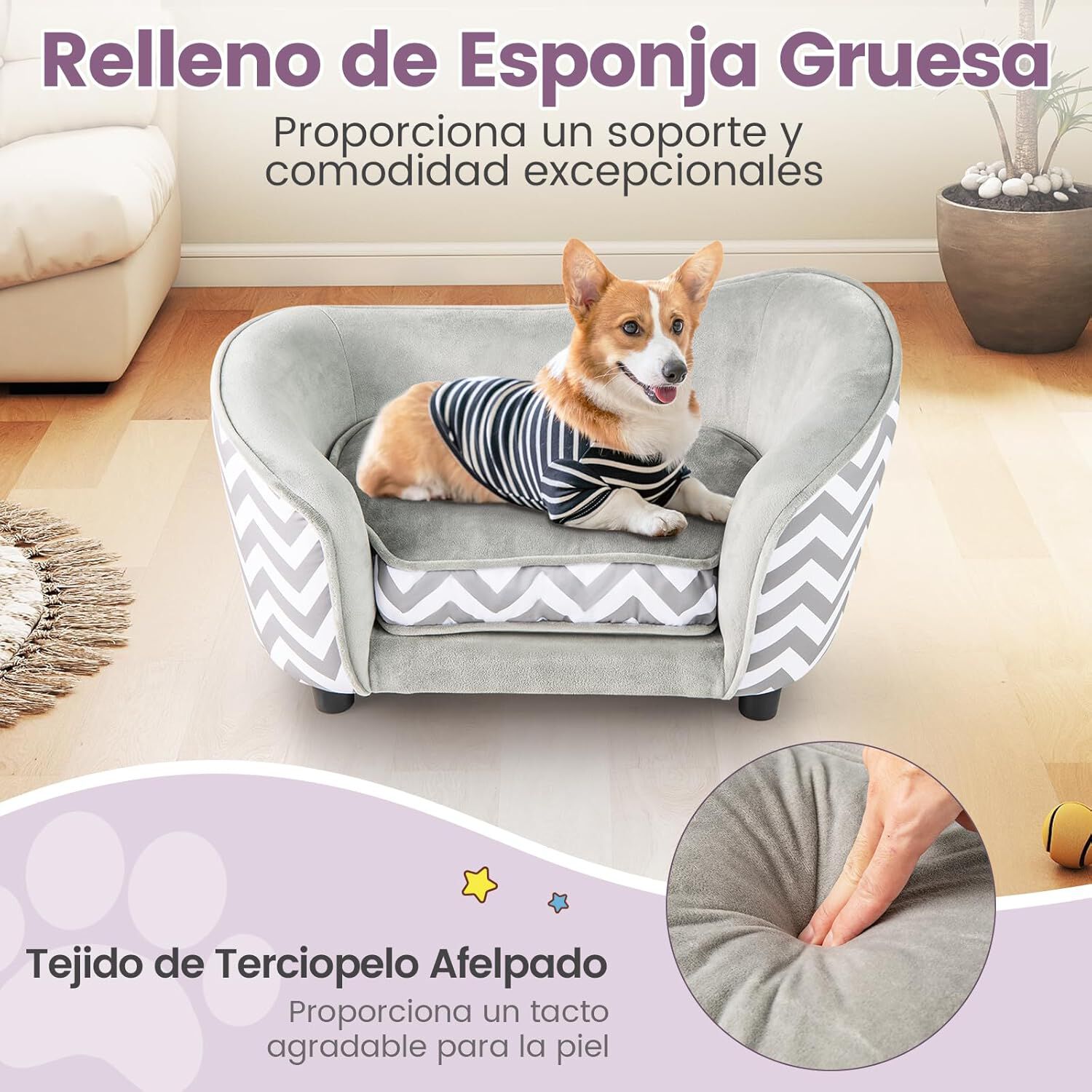 COSTWAY Sof&aacute; para Mascotas, Cama Suave de Terciopelo con Coj&iacute;n Acolchado, Funda Lavable Extra&iacute;ble, Respaldo Curvo y Reposabrazos, Ideal para Perros y Gatos Peque&ntilde;os, Capacidad 50 kg, Gris+Blanco, , large Imagen numero 3
