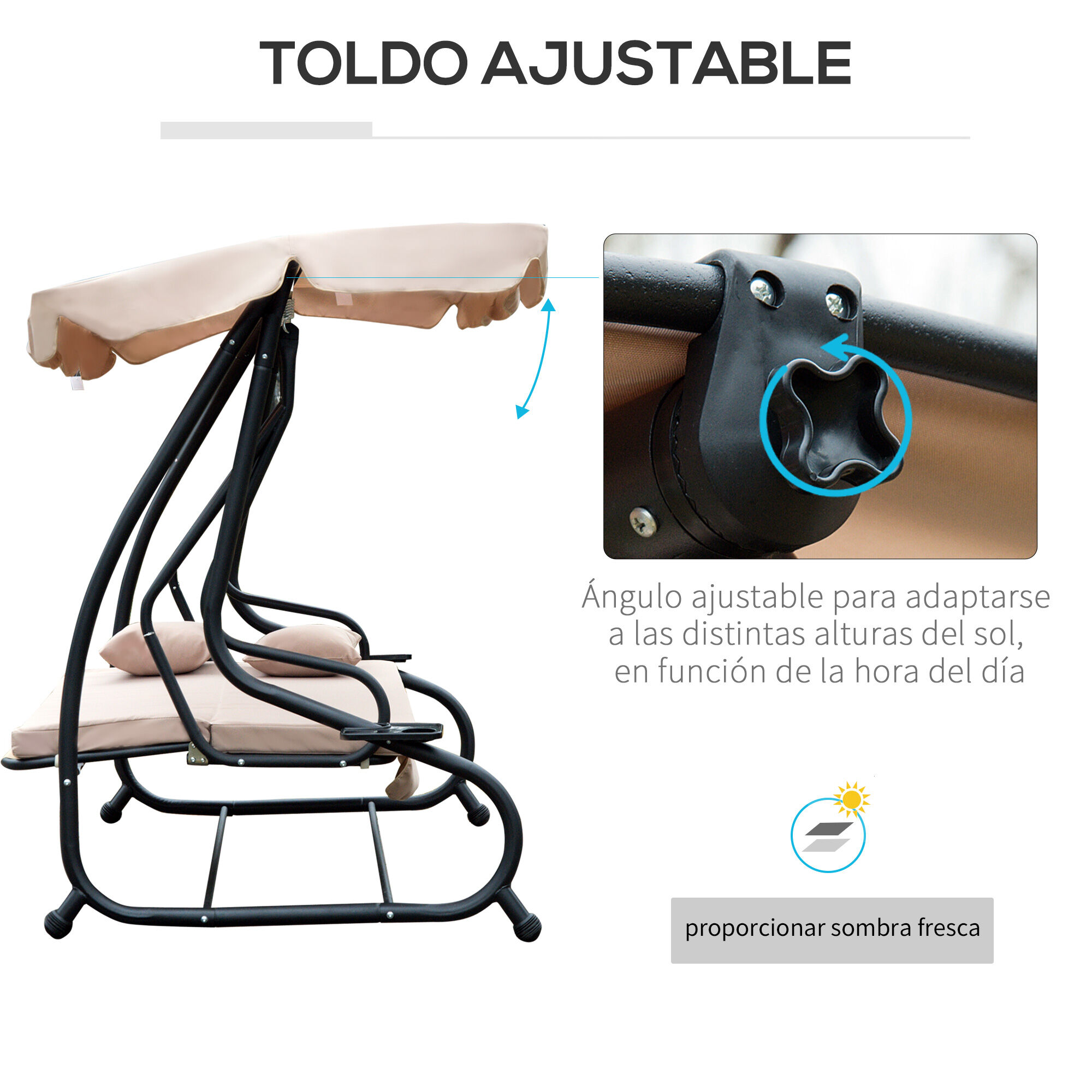Outsunny Columpio Balanc&iacute;n Jard&iacute;n 3 Plazas Convertible en Cama Techo Parasol Regulable Bandeja para Bebida Terrza Balc&oacute;n Exterior Carga m&aacute;x. 340kg 200x120x164cm Marco Acero, , large Imagen numero 5