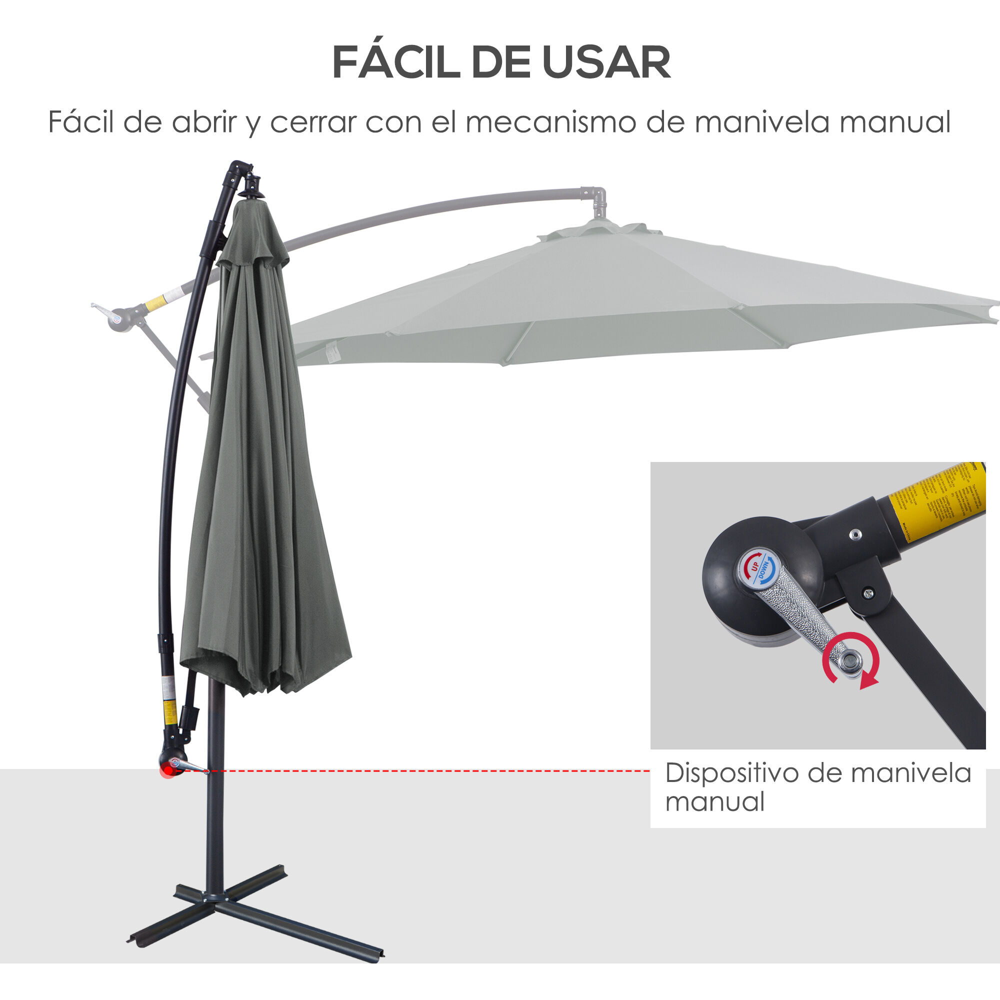 Outsunny Sombrilla de Jard&iacute;n &Oslash;300x250 cm Parasol Exc&eacute;ntrico Inclinable con Manivela Base Cruzada y Soporte de Acero Protecci&oacute;n Solar para Terraza Exterior Gris, , large Imagen numero 5