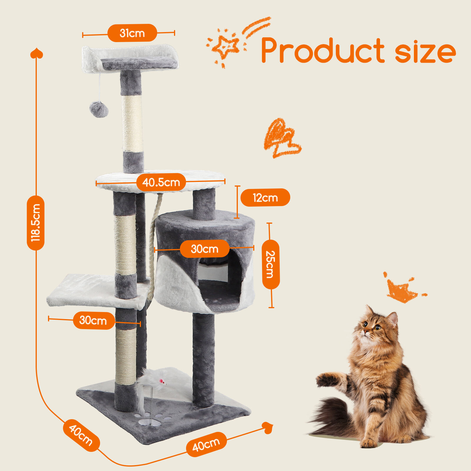 Nobleza Rascador para gatos, Altura 118.5 cm, &Aacute;rbol Estable para Gatos, 4 Plataformas, 1 Cueva, 1 Pomp&oacute;n, 1 Peluche, Gris, , large Imagen numero 4