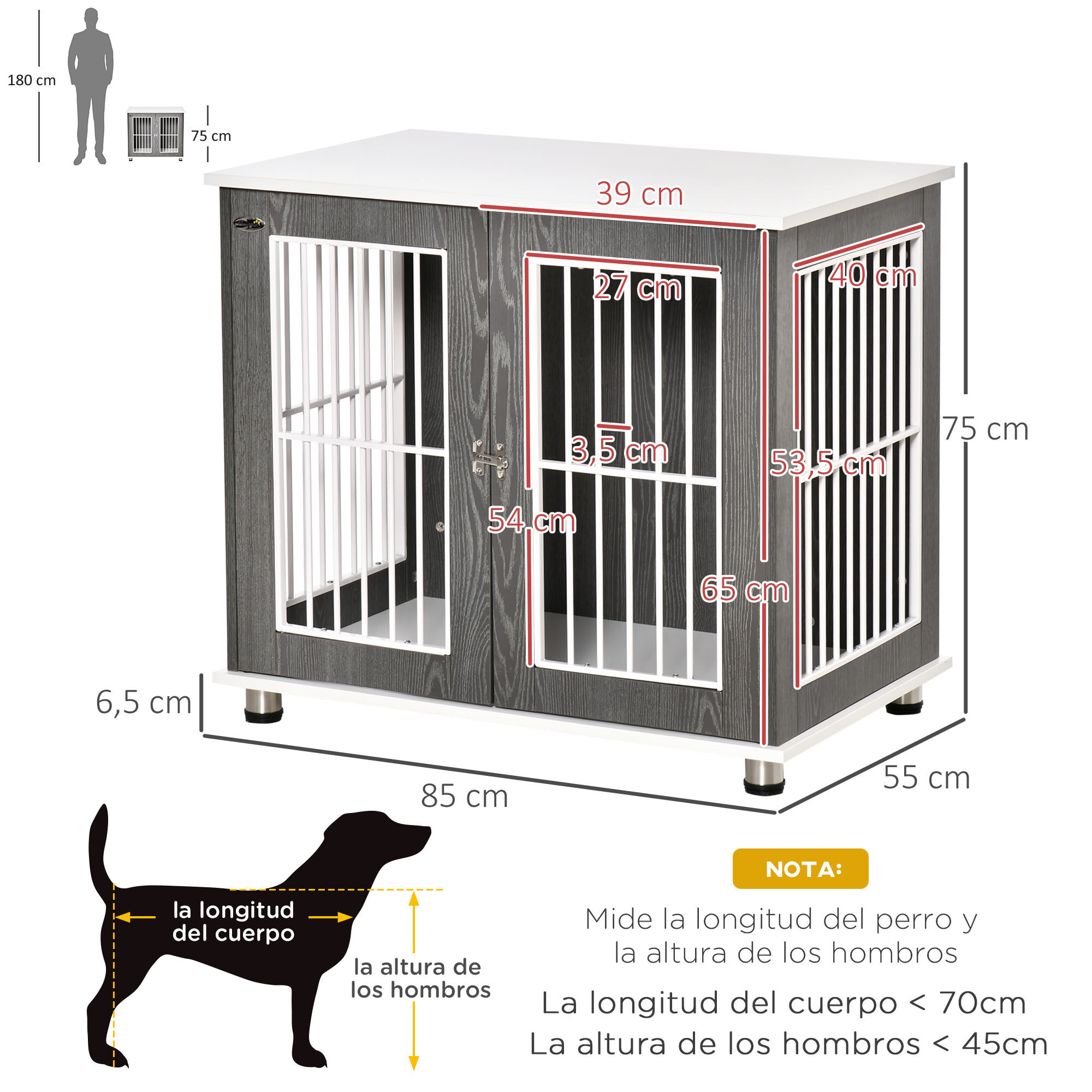 PawHut Jaula para Perros de Madera Mesa Auxiliar 85x55x75 cm con Tablero de Almacenaje 2 Puertas de Cerradura y Rejillas de Acero Mueble Perrera para Interiores Gris, , large Imagen numero 3