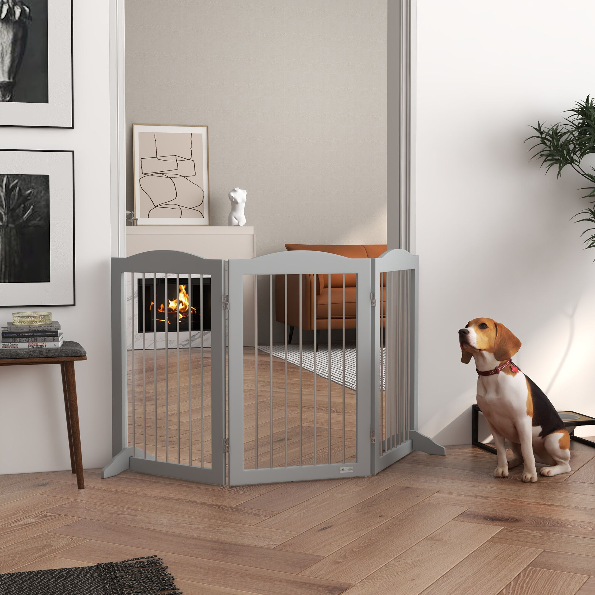 PawHut Barrera de Seguridad para Perros Plegable para Escaleras y Puertas Valla para Perros Pequeños y Medianos de 3 Paneles con Soporte de Pie para Interiores 154x30x80 cm Gris thumbnail